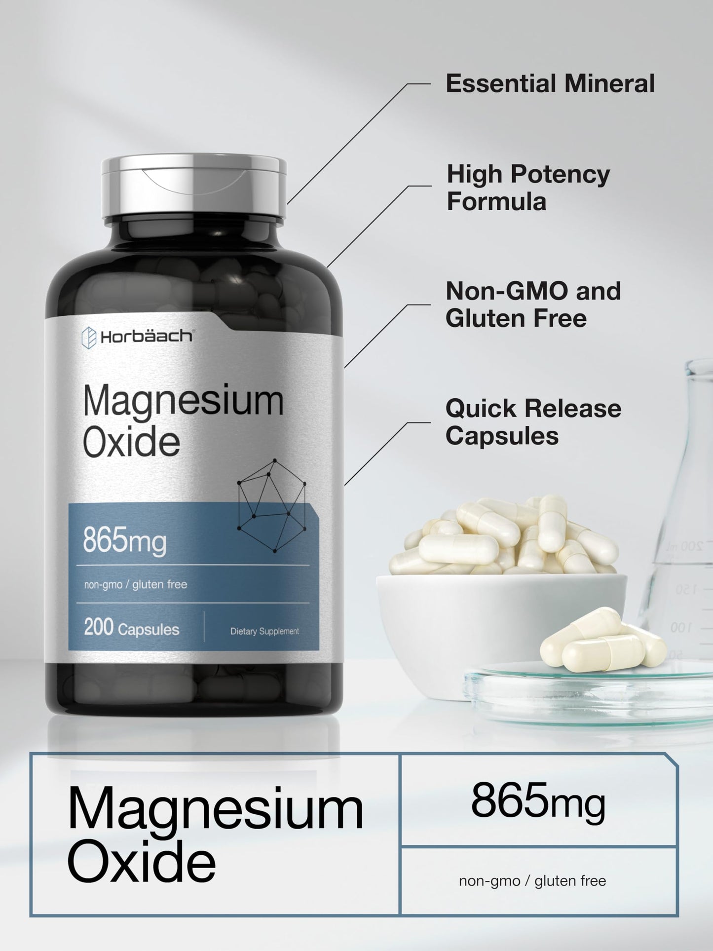 Horbäach Magnesium Oxide 865 mg Capsules, 200 Count
