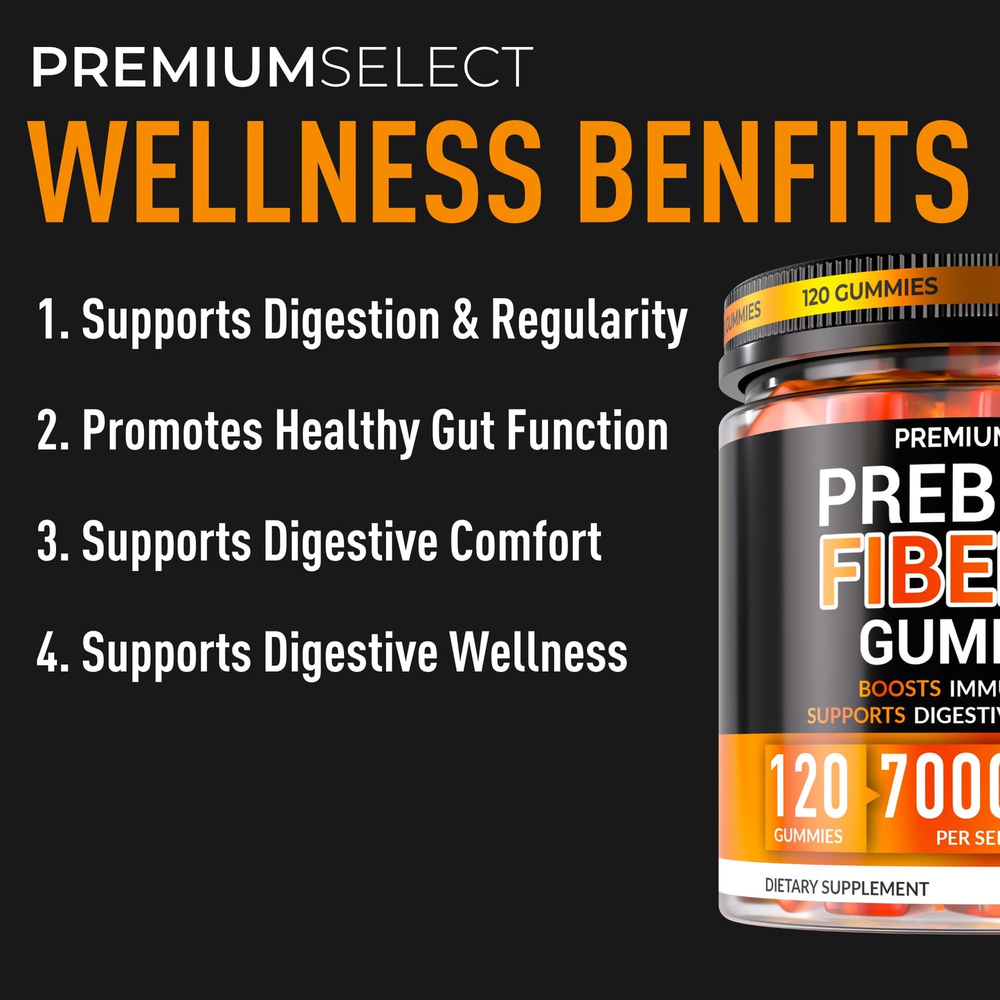 Premium Select Nutrition Fiber Gummies for Adults Sugar Free – 7g Daily Fiber with Prebiotics – Extra Strength Gummy Supplement, 120 Gummies