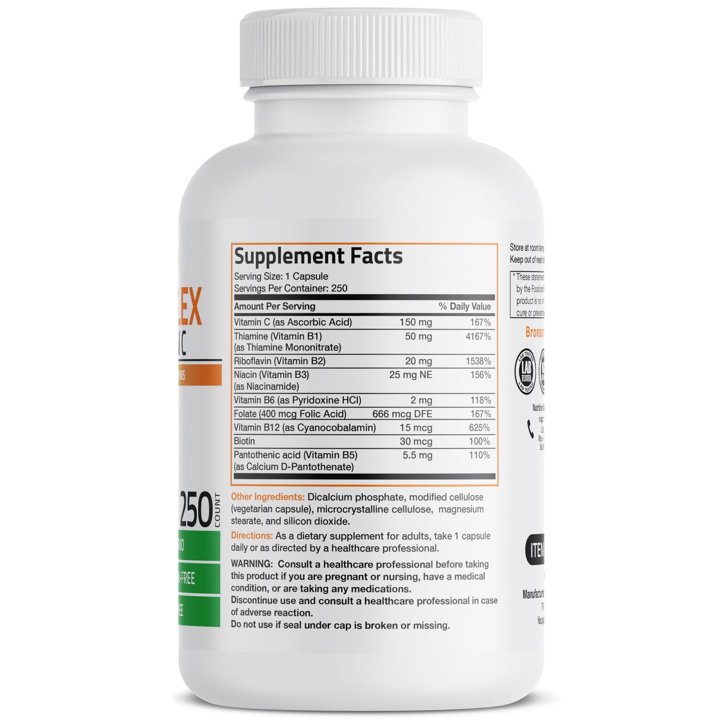 Bronson Vitamin B Complex with Vitamin C Capsule, 250 Capsules