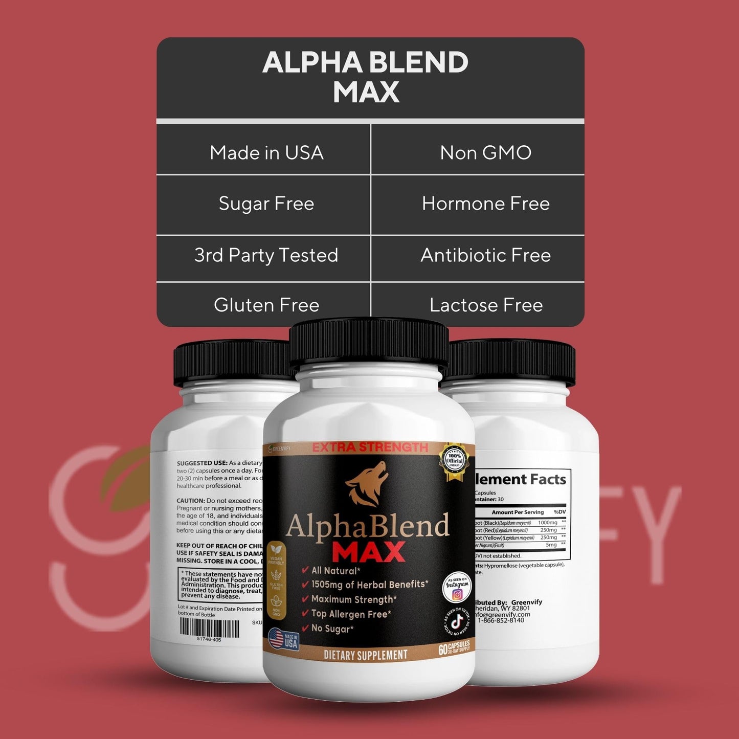 GREENVIFY AlphaBlend MAX Extra Strength Maca Root Complex, Organic Blend 60 Capsules