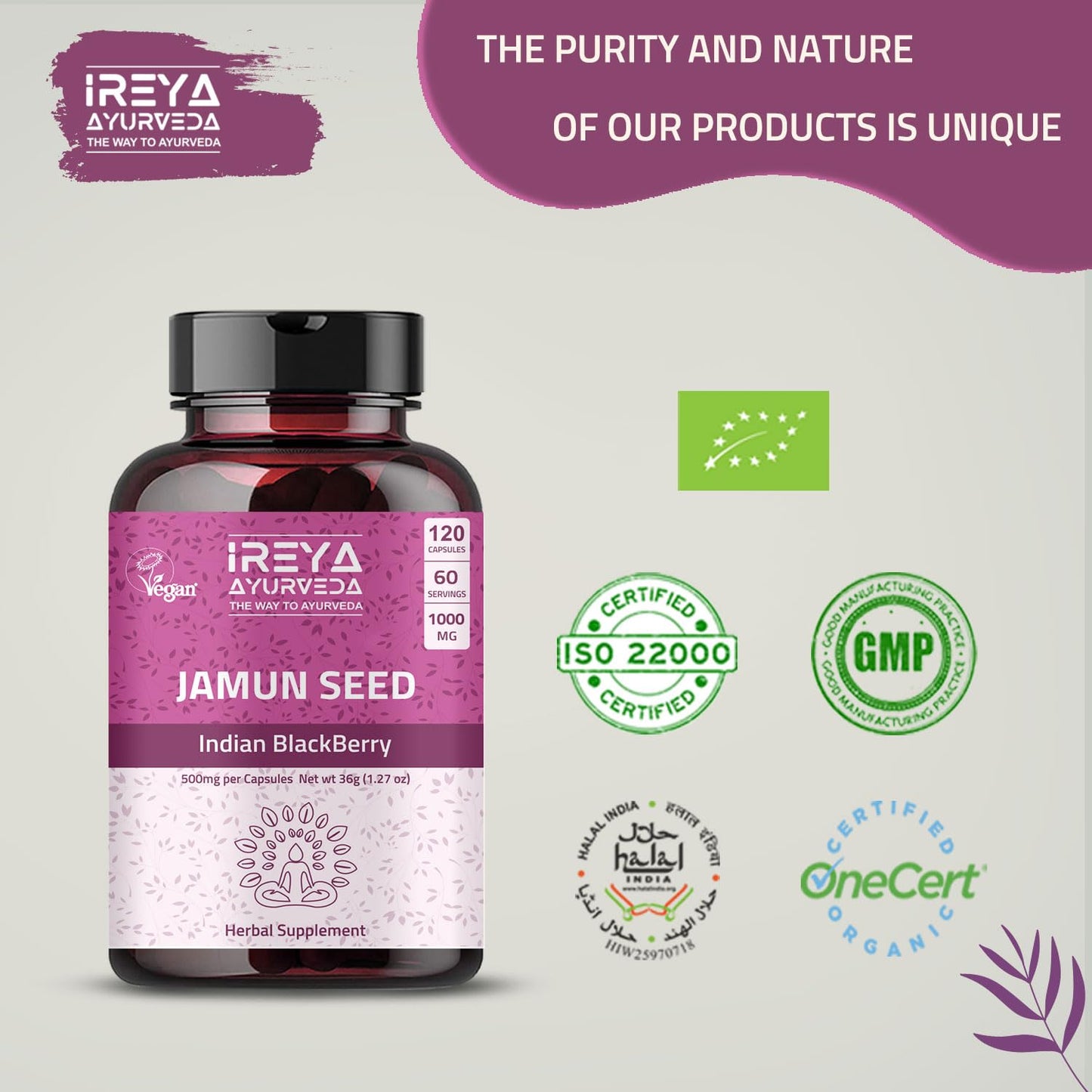 Ireya Ayurveda Jamun Seed Capsules 1000 mg, 90 Capsules