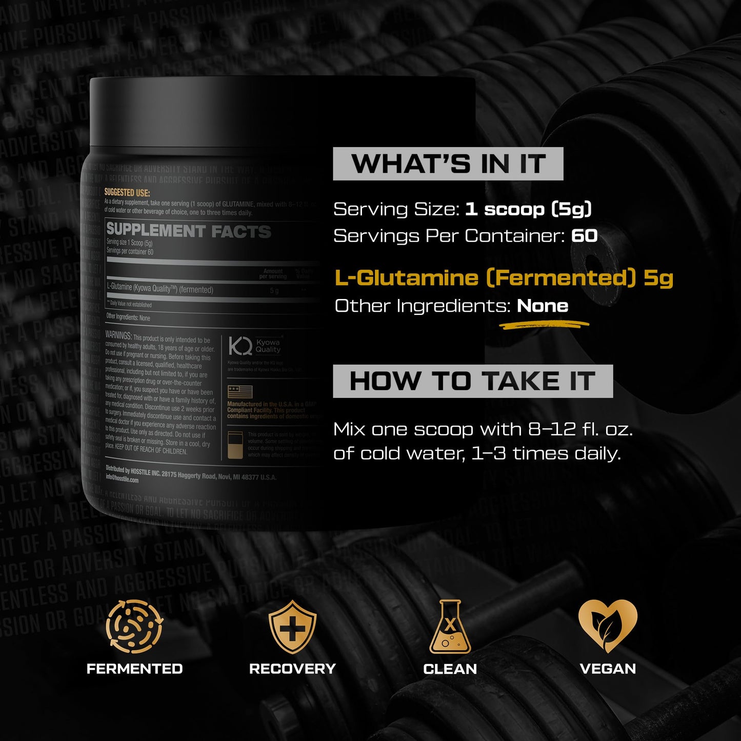HOSSTILE L-Glutamine Powder 10.6 oz, 60 Servings