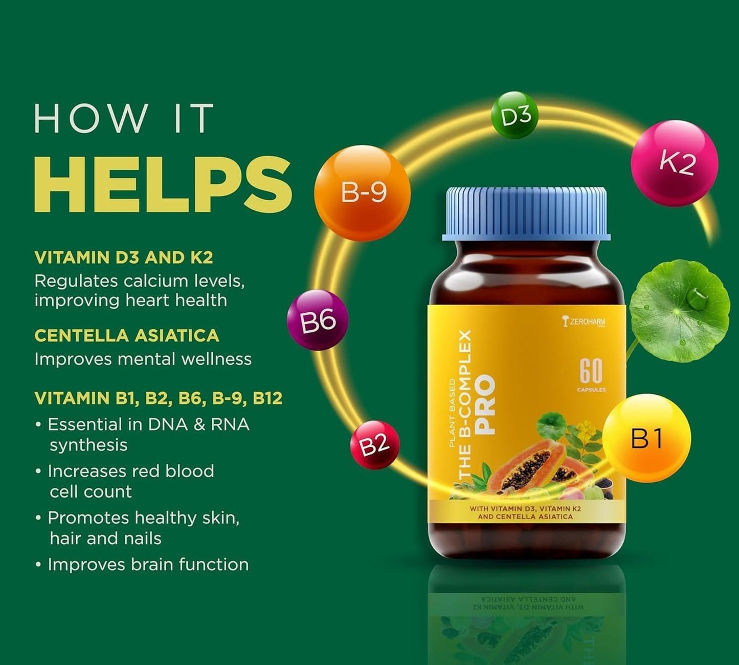 Generic Vitamin B Complex with Vitamin D3, Vitamin K2 & Centella Asiatica with B1, B2, B3, B5, B6, B9 & Vitamin B12 Capsules, 60 Count