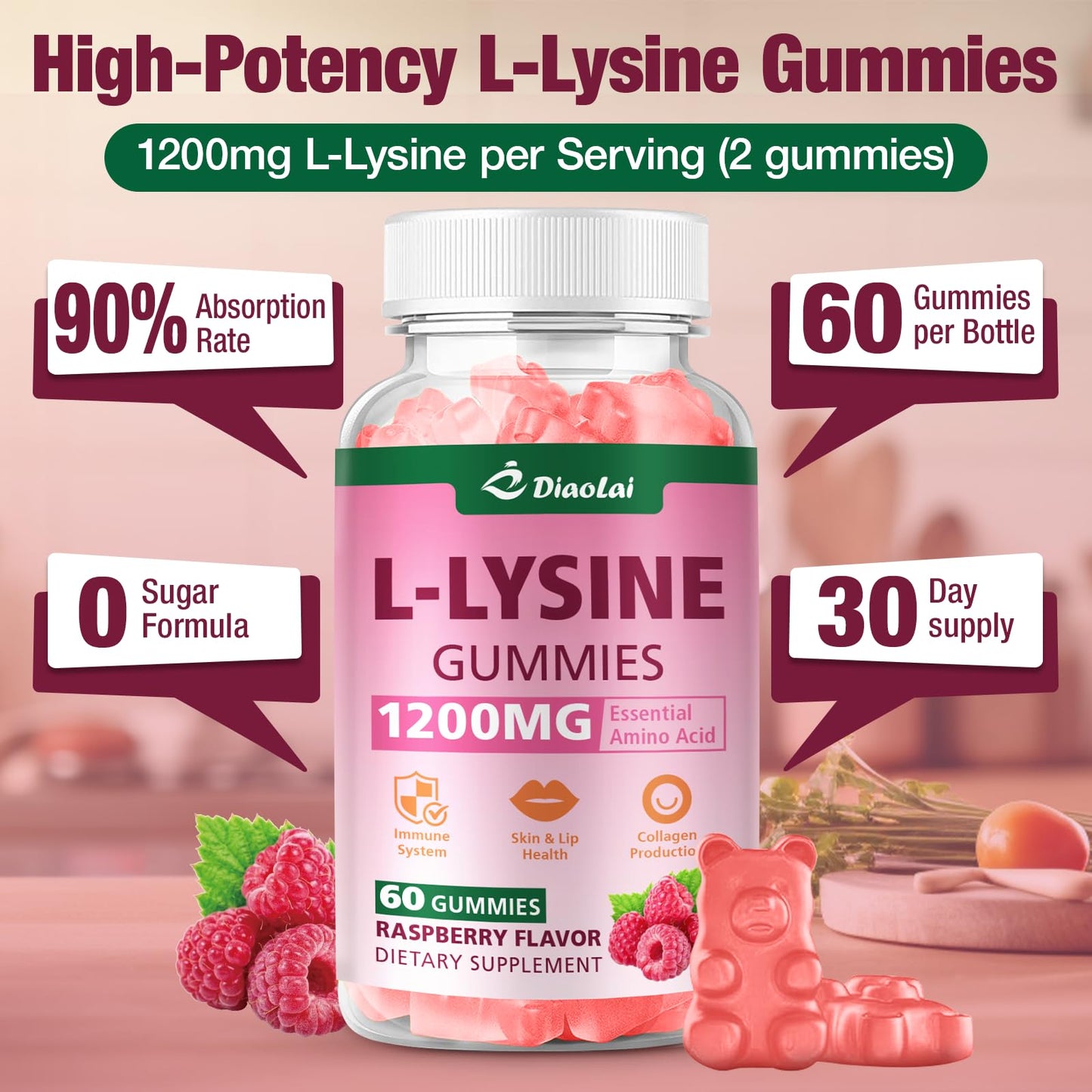 DIAOLAI L-Lysine 1200mg Gummies, 120 Count