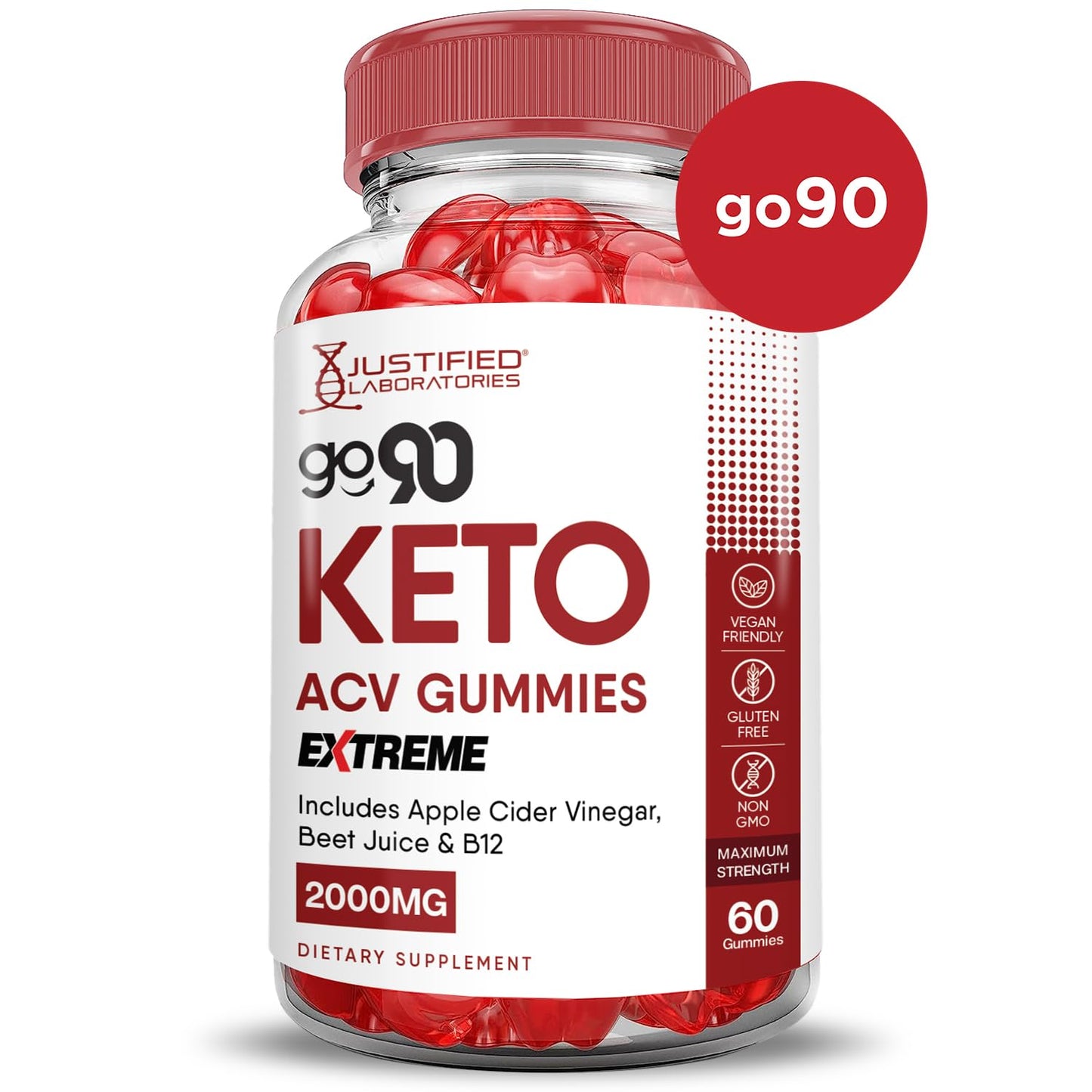 Justified Laboratories Go 90 Keto ACV Gummies Extreme 2000MG Apple Cider Vinegar with Pomegranate Beet Juice Powder B12, Vegan Non-GMO, 300 Gummies