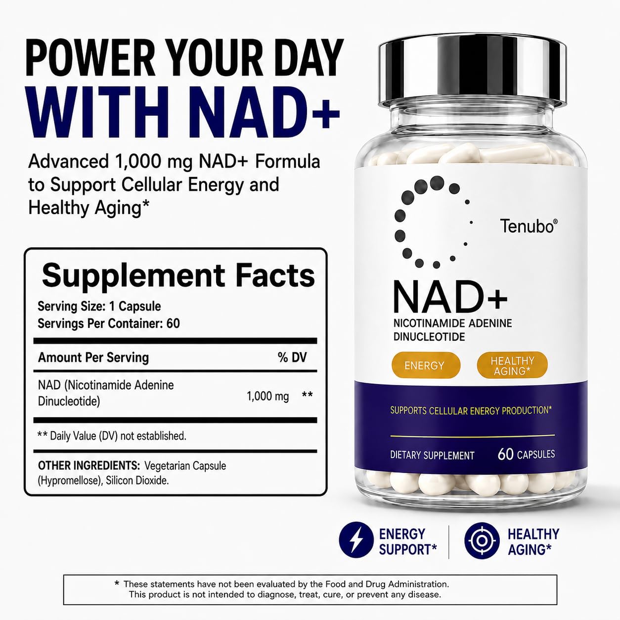 Tenubo NAD+ Supplement 1000mg Nicotinamide Adenine Dinucleotide Capsules, 40 Count