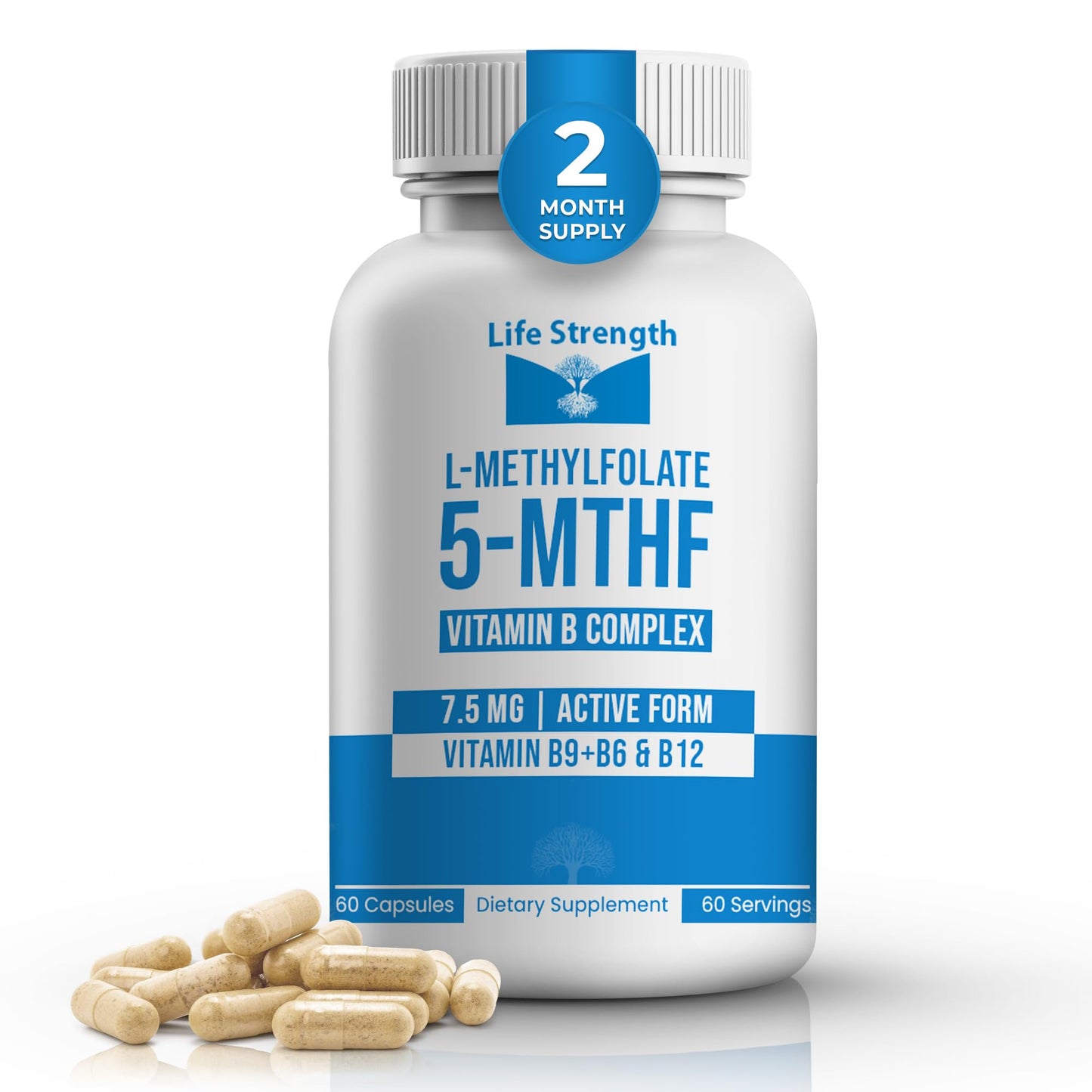 LifeStrength L-Methylfolate 7.5mg + Vitamin B Complex - 5-MTHF, B6 & B12 Methylcobalamin, 60 Capsules