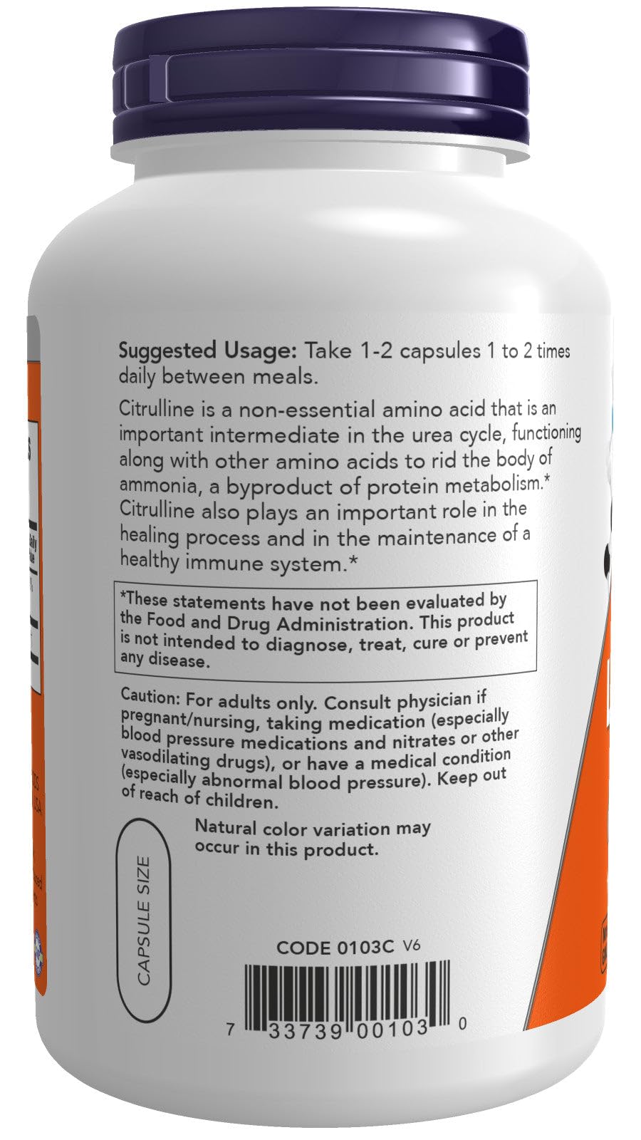NOW Foods L-Citrulline 750 mg Capsule, 180 Capsules