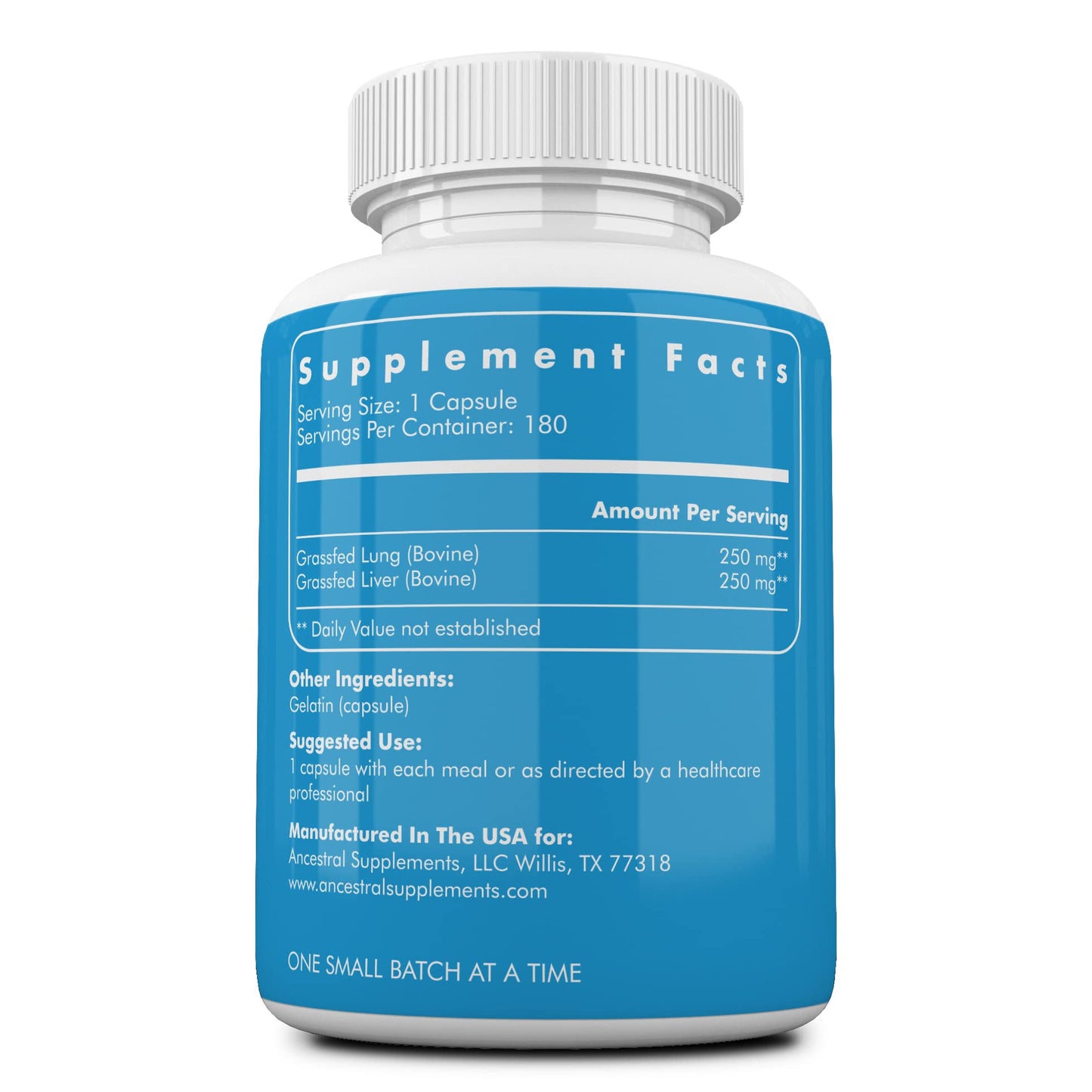 Ancestral Supplements Grass Fed Beef Lung Supplement with Liver Capsules, 180 Count