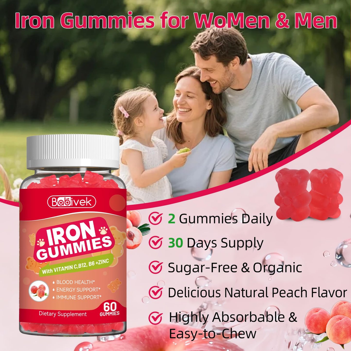 Babivek Iron Gummies with Folate, Vitamin C, B12, B6, Zinc - Peach Flavor, Vegan, 60 Gummies