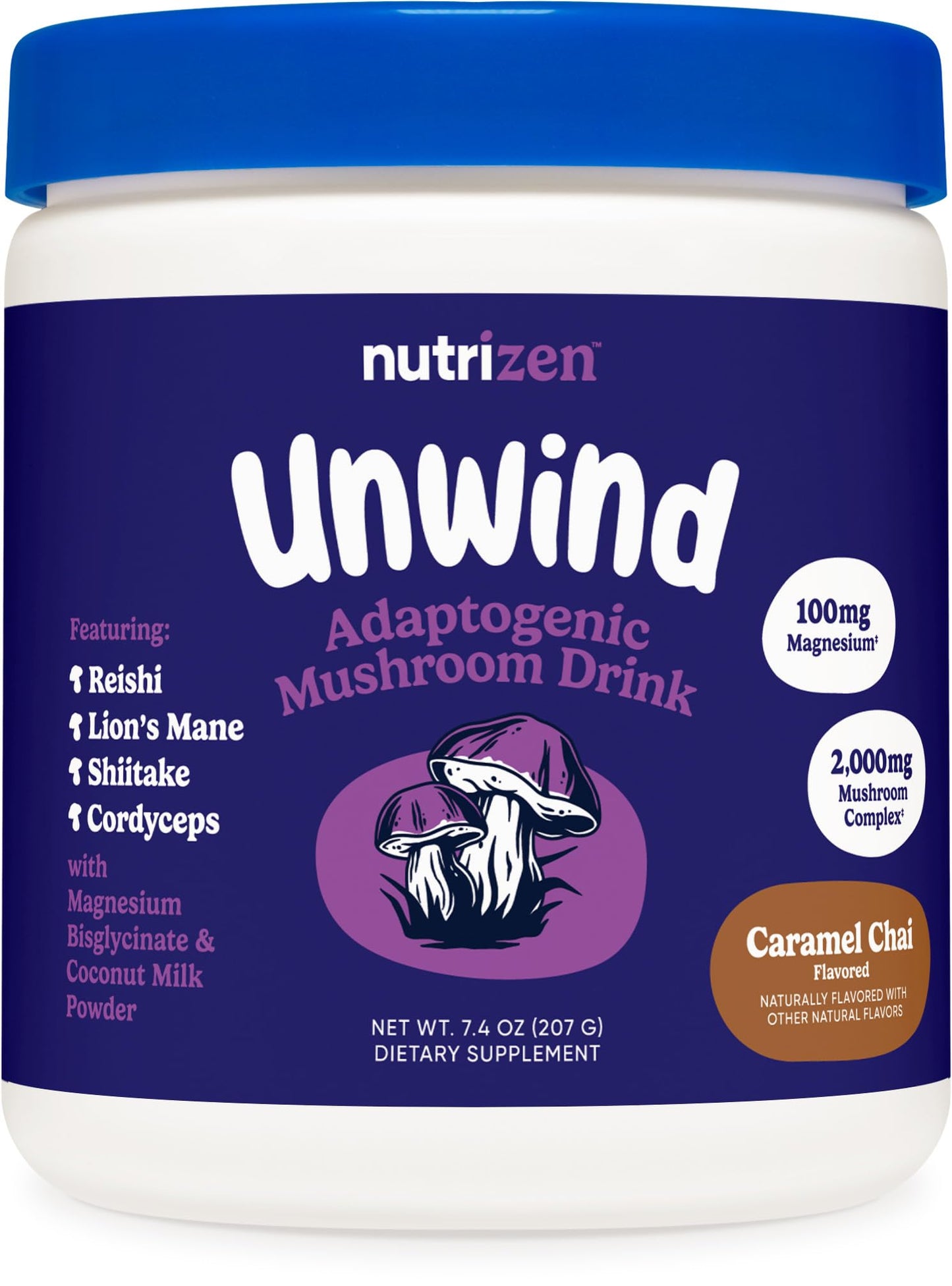 Nutricost Nutrizen PM Unwind Adaptogenic Mushroom Drink (Caramel Chai) Powder 7.4 Ounce