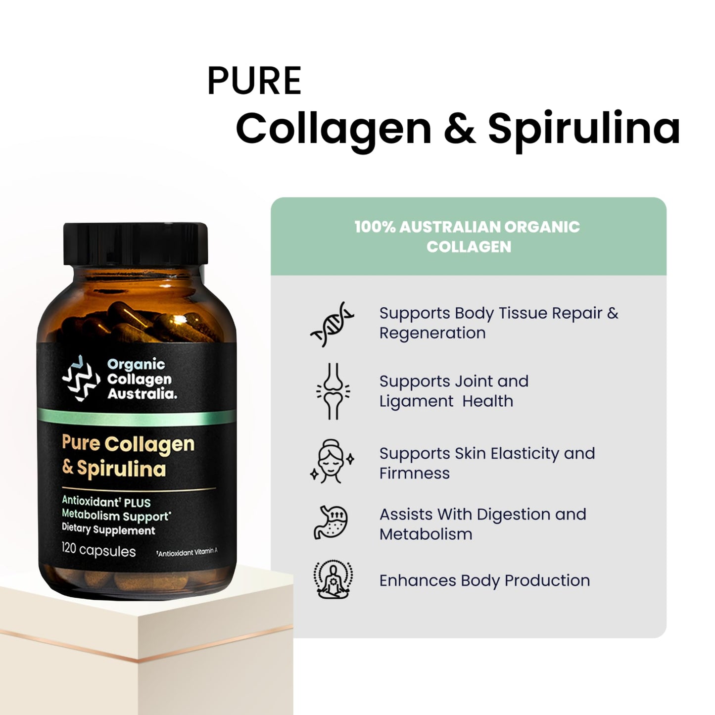 Organic Collagen Australia Pure Collagen & Spirulina Capsules – Antioxidant-Rich Supplement for Skin Elasticity, Joint Health, Metabolism Support & Energy, 120 Capsules