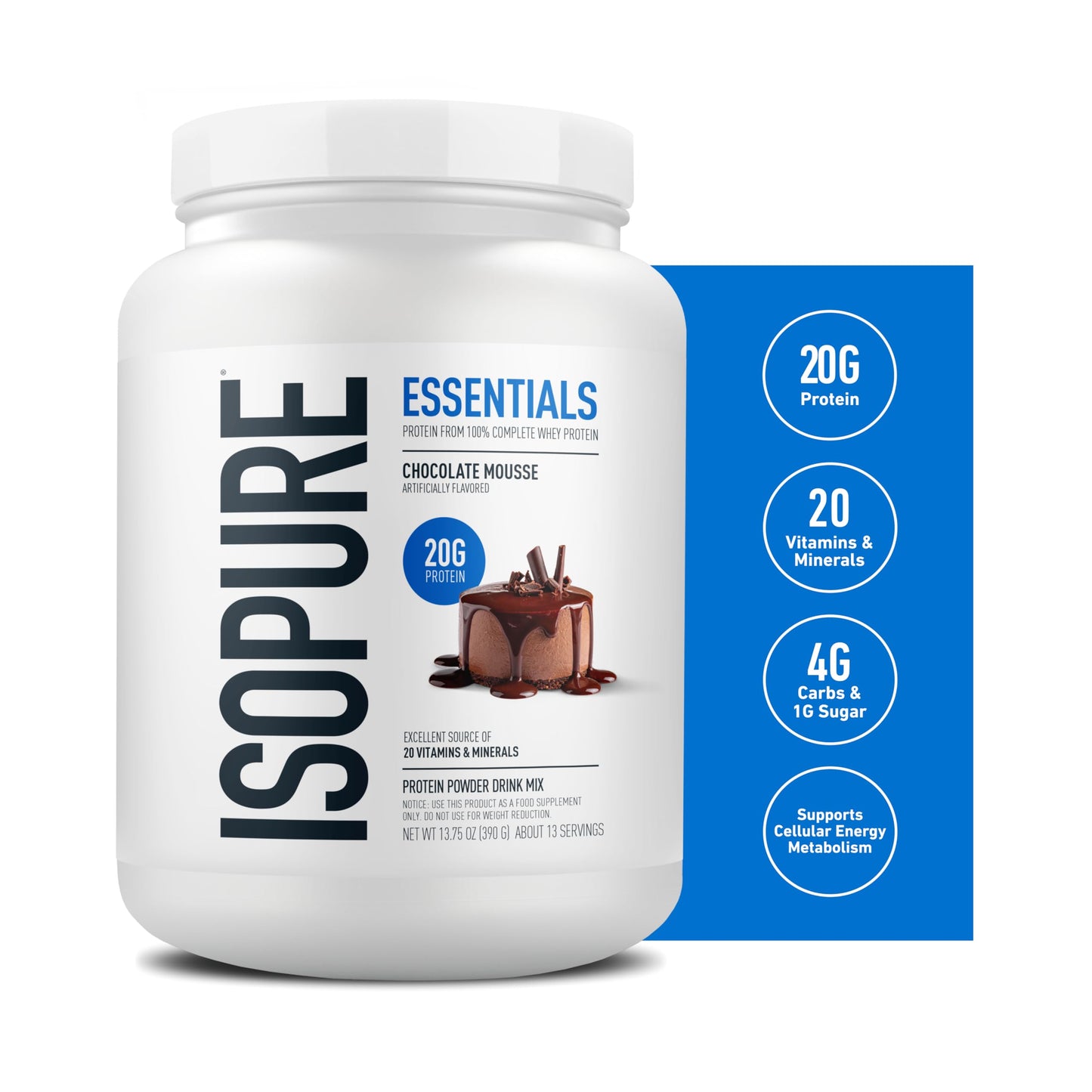 Isopure Essentials 100% Whey Protein Powder with Vitamins, Chocolate Mousse, 13 Servings