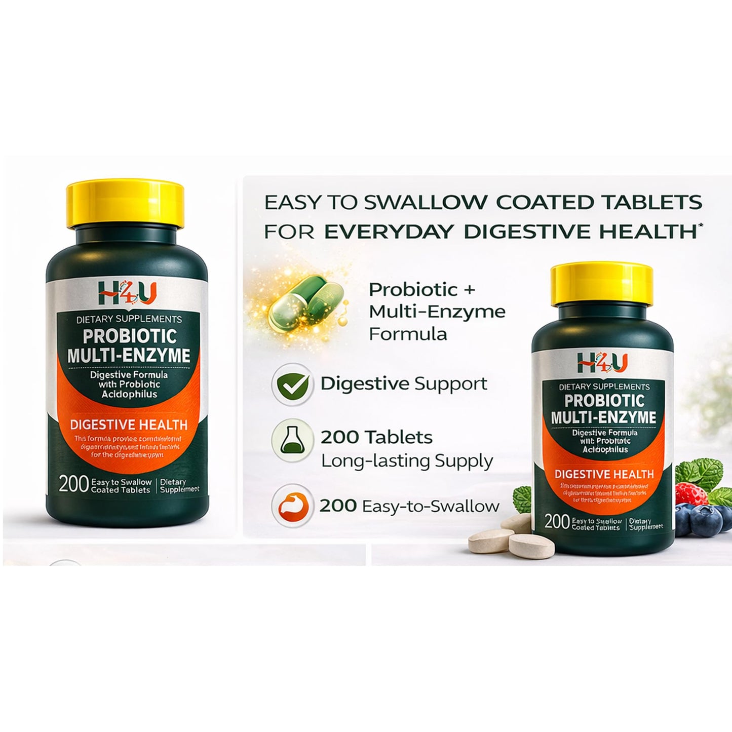 H4U Probiotic Multi-Enzyme Digestive Formula Tablets, 200 Count
