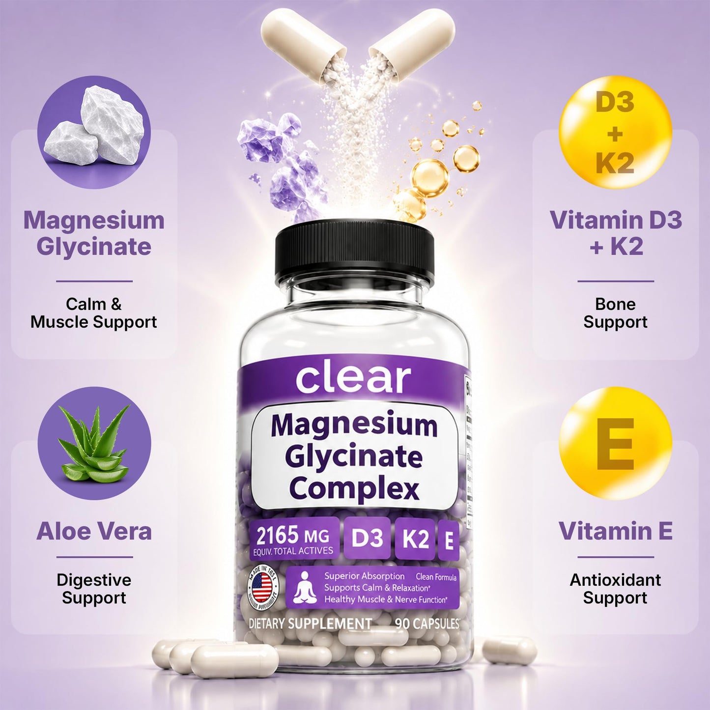 Clear Probiotics Magnesium Glycinate 160mg Chelated Supplement with D3 K2 E for Sleep Capsule 90 Count