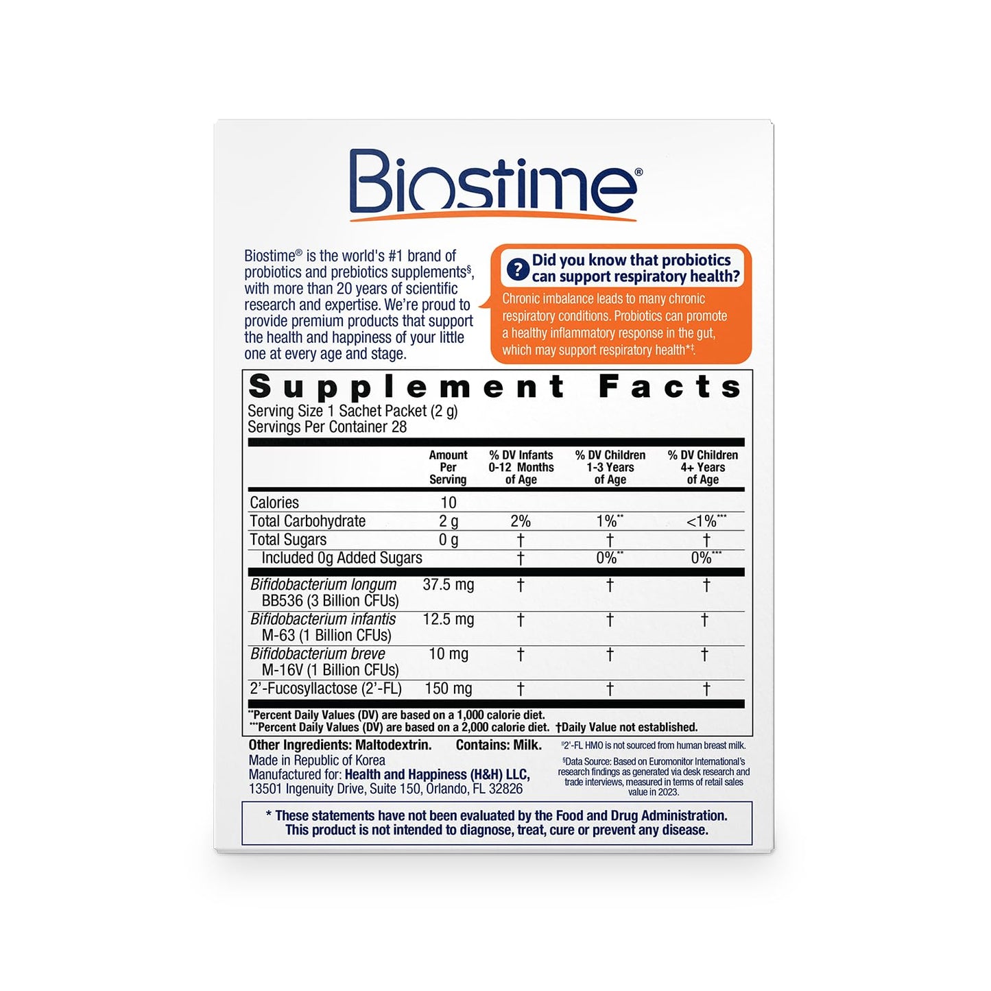 Biostime Baby & Kids Dual Defense Nasal & Respiratory Support – Probiotics for Immune Support, 5 Billion CFUs, 2’-FL HMO Prebiotic, Clinically Tested Strains, Powder, Pack of 28