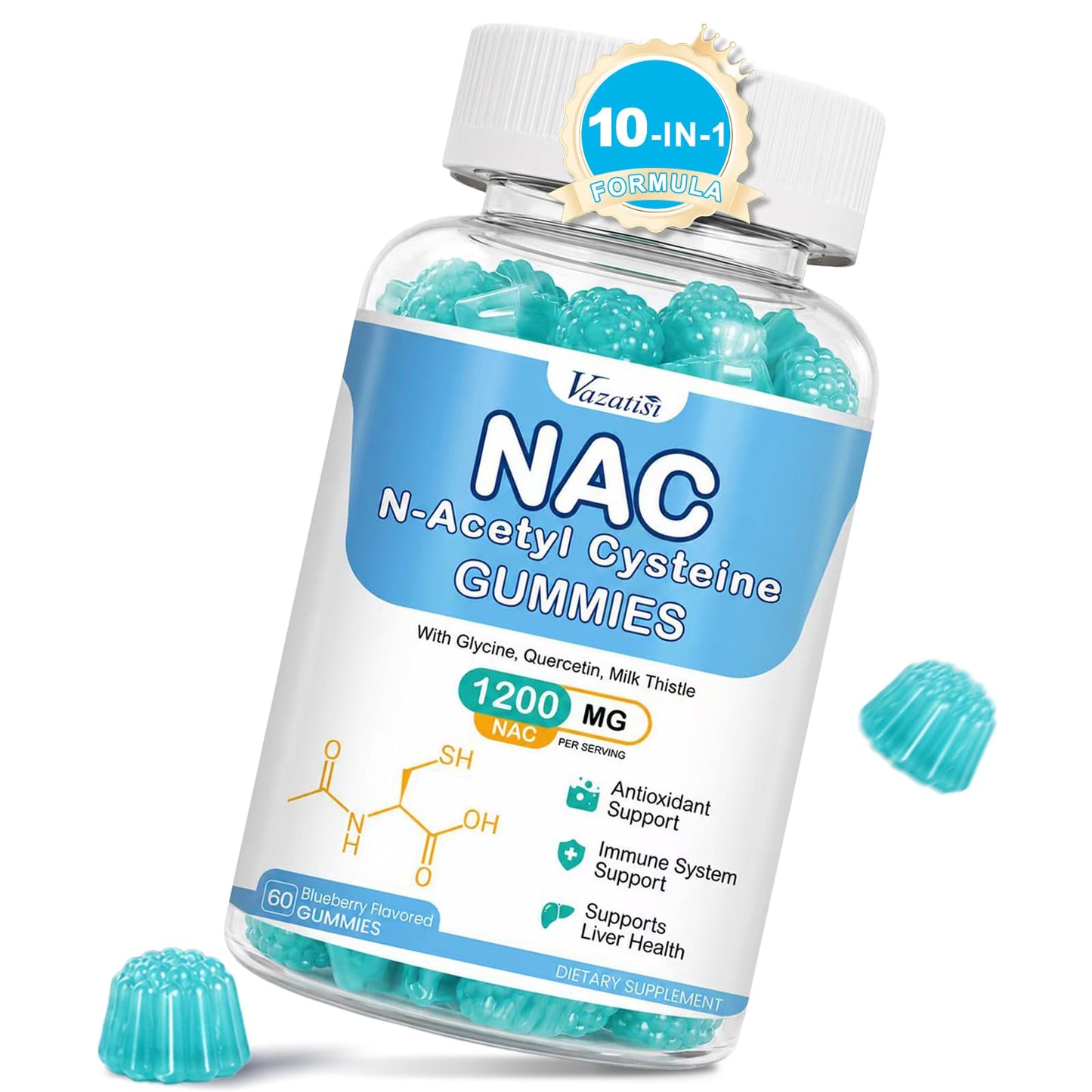 Vazatisi NAC Gummies 600 mg per Gummy with Milk Thistle, Selenium, B6, B12, Blueberry Flavored, 60 Gummies