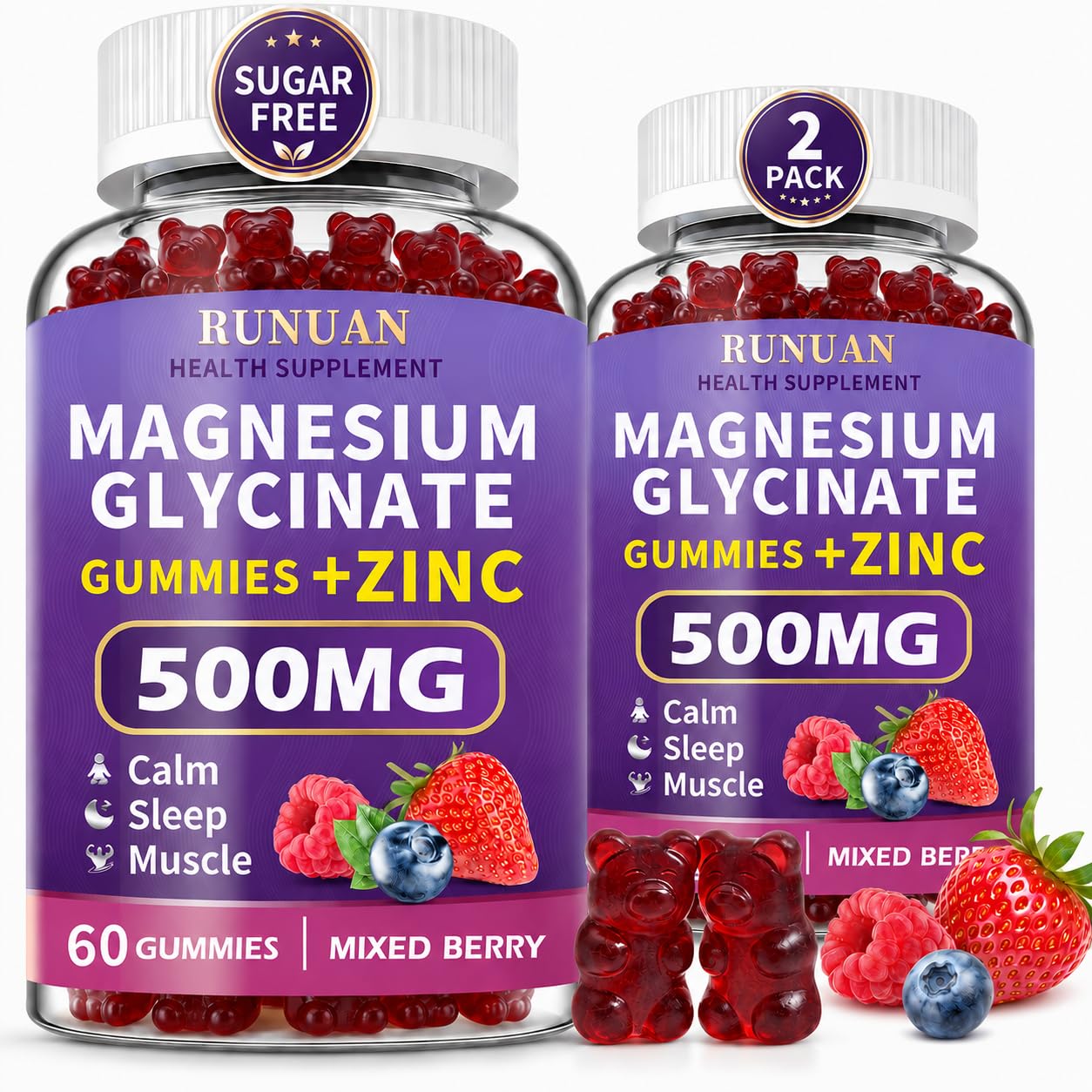 RUNUAN Magnesium Glycinate Zinc Gummies, 120 Gummies