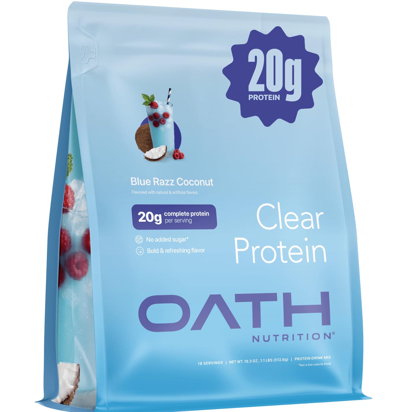 Oath Nutrition Clear Whey Isolate Protein Powder, Blue Razz Coconut, 20g Complete Protein per Serving, No Added Sugar, Grass-Fed, 18 Servings