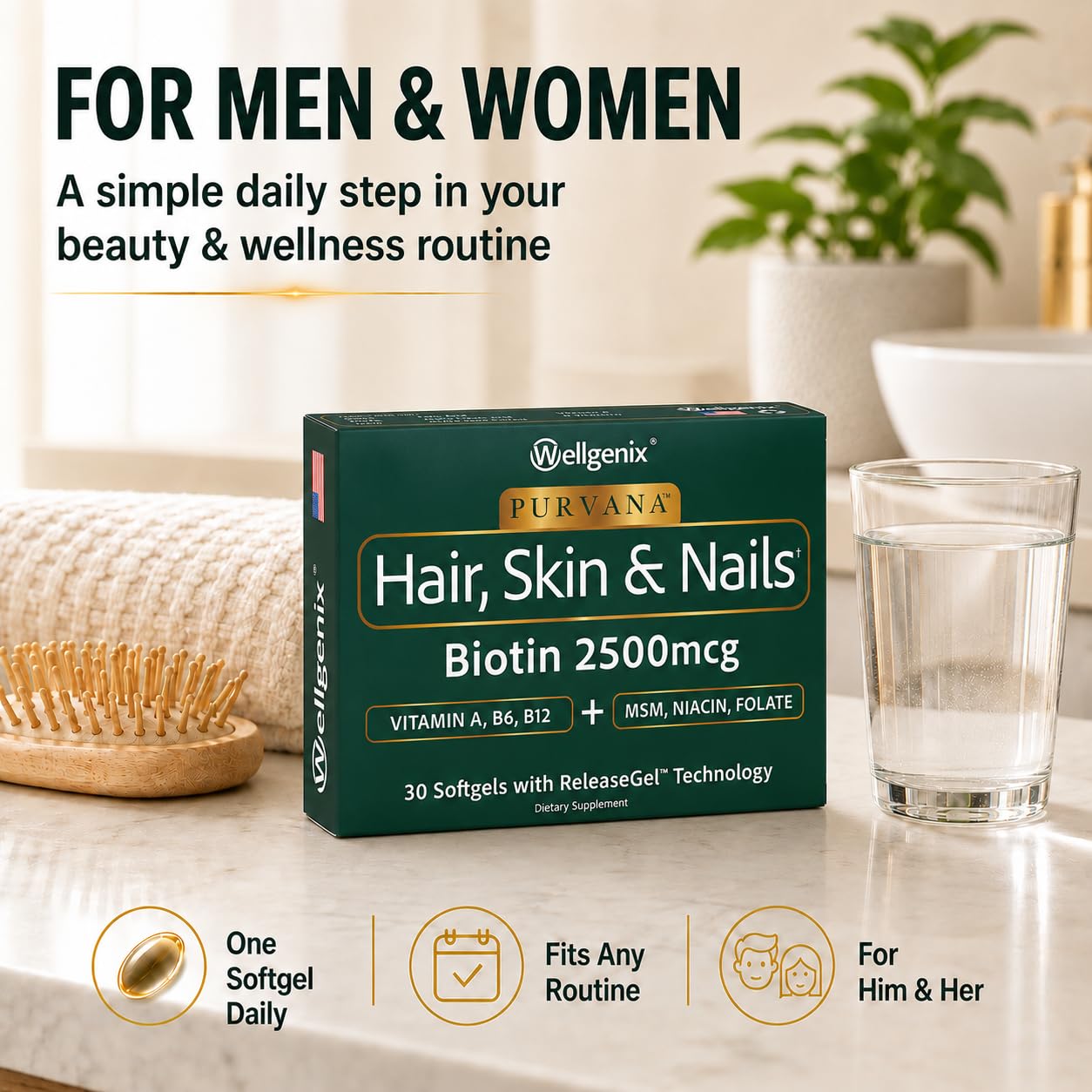Wellgenix Purvana Hair Skin and Nails Supplement – 2500mcg Biotin Softgels with MSM & B-Complex – Daily Beauty Support for Stronger Nails & Hair Vitality, 60 Softgels