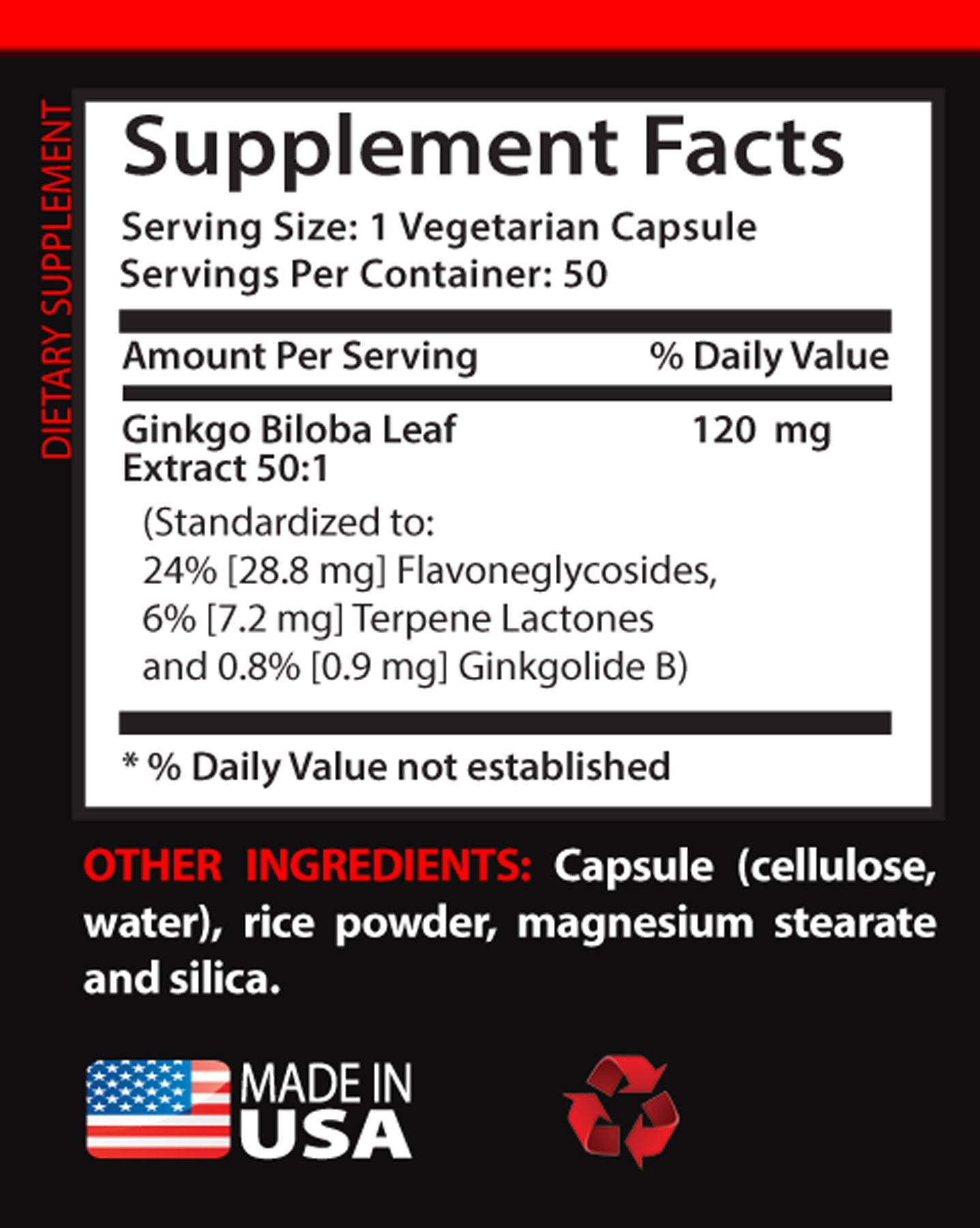 VIP VITAMINS Ginkgo Biloba 120mg Extract 50:1 Capsule, 50 Count
