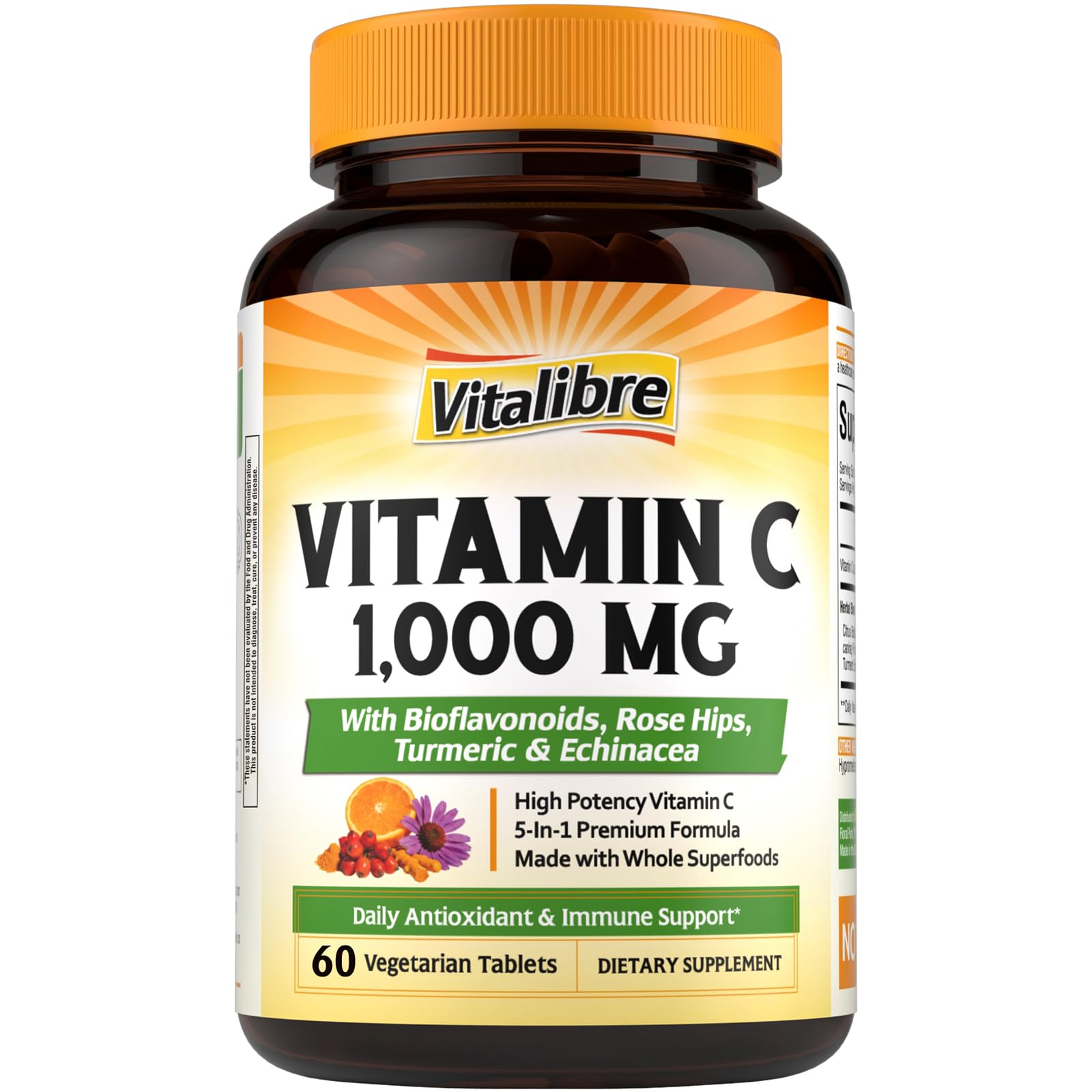 Vitalibre Vitamin C 1000mg with Citrus Bioflavonoids, Rose Hips, Echinacea & Turmeric, Immune Support, Antioxidant Protection, Collagen Production, 60 Tablets