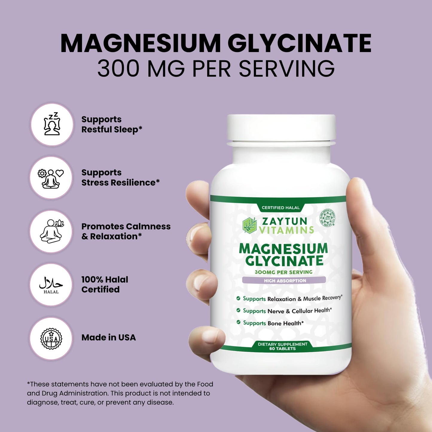 Zaytun Vitamins Magnesium Glycinate 300mg, 60 Tablets