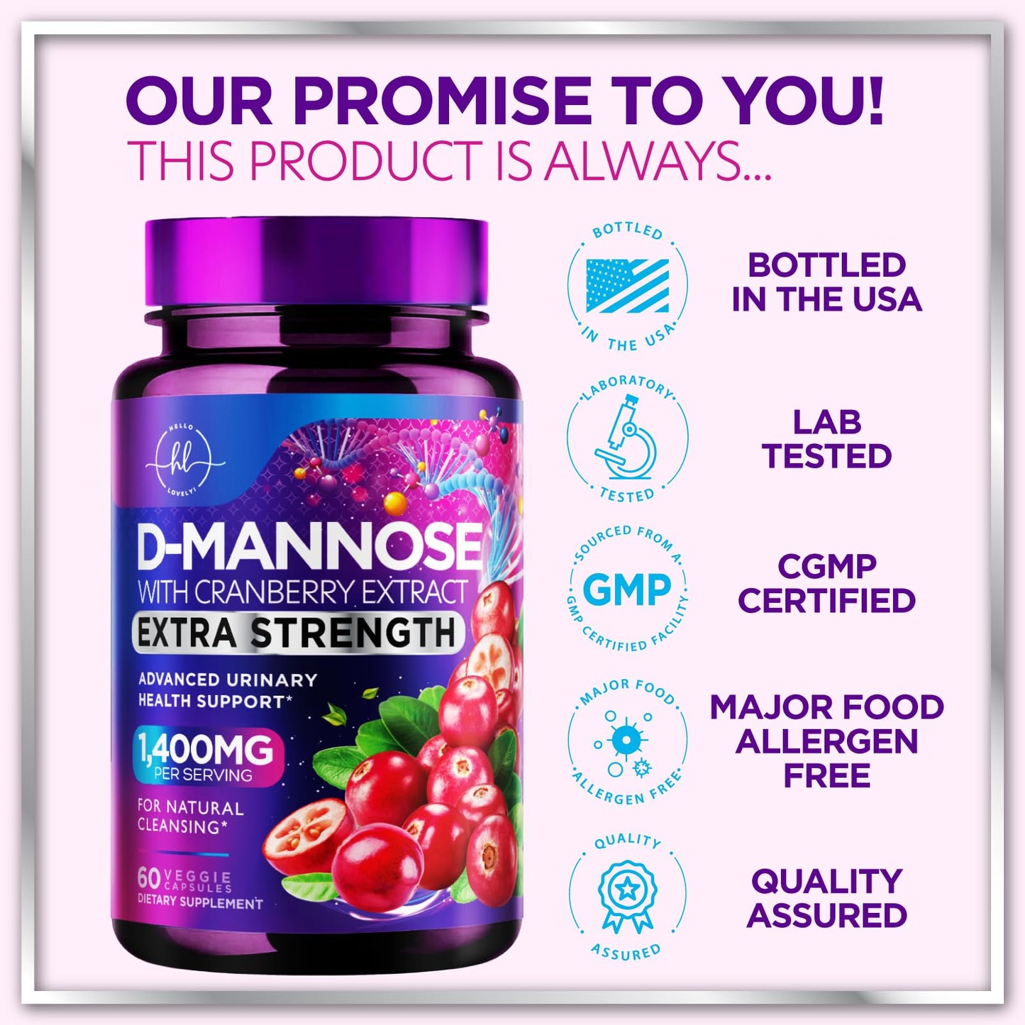 Hello Lovely! D-Mannose 1300mg with Cranberry Capsules, 60 Capsules