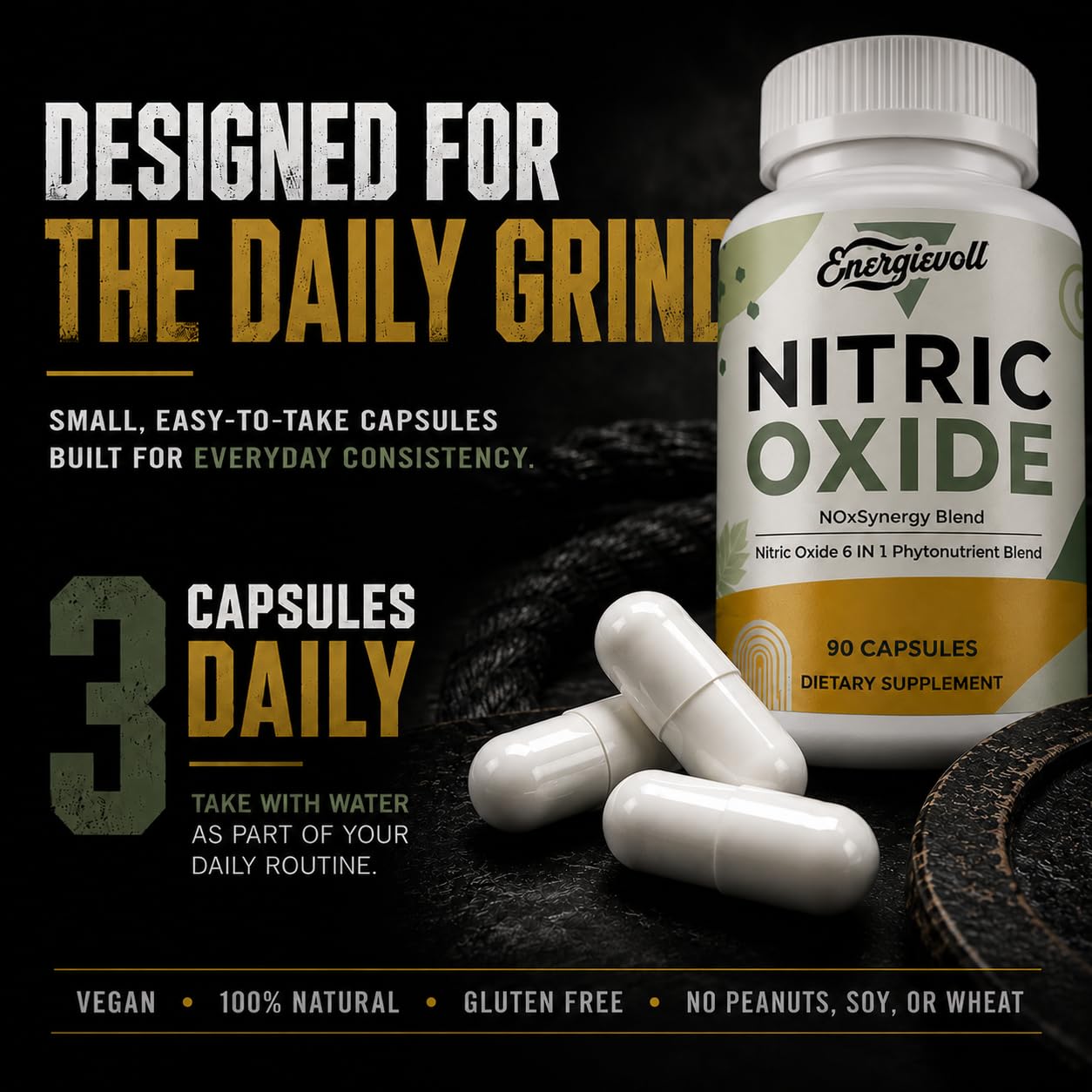Energievoll Nitric Oxide Supplement for Men - Beet Root & Botanical Phytonutrient Blend with GPLC - for Blood Flow, Oxygenation, and Blood Pressure, Energy, 90 Capsules