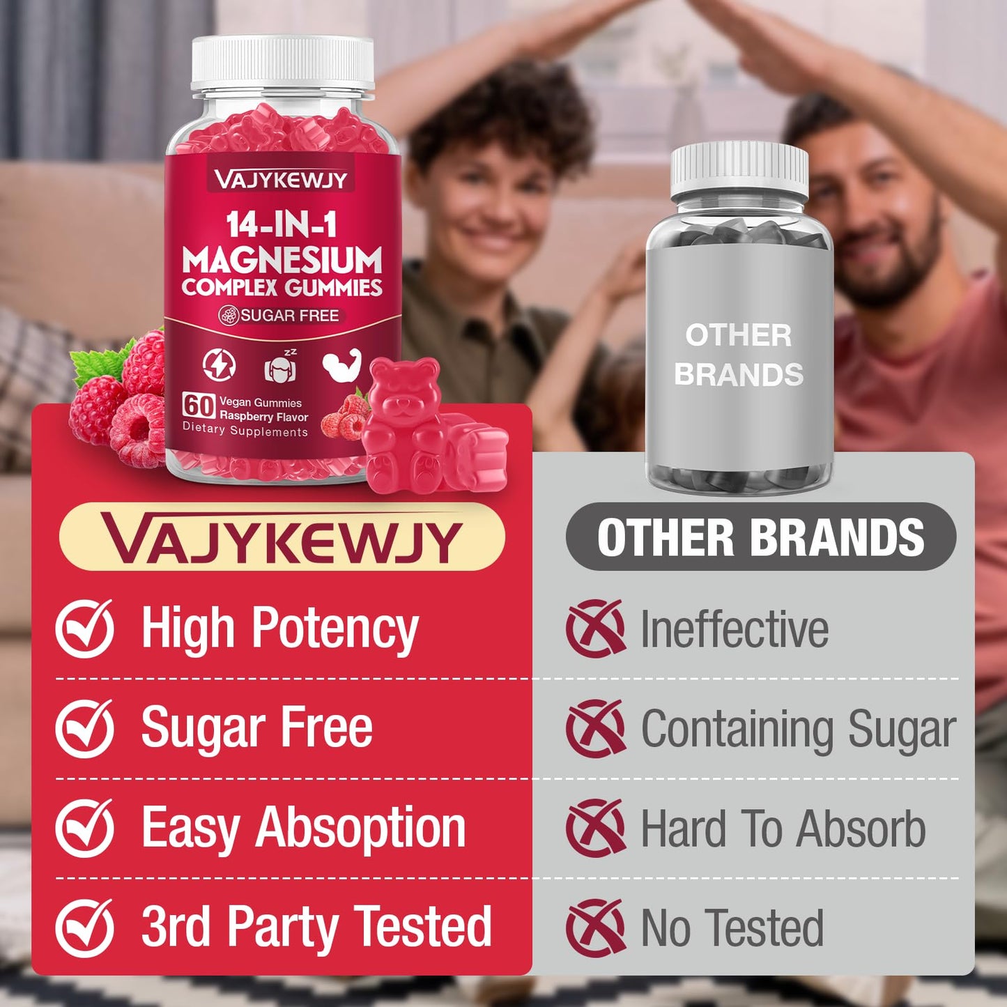 VAJYKEWJY Magnesium Complex Gummies 14-in-1 Formula with Ashwagandha, L-Theanine, Vitamin D3 & Zinc, Vegan Raspberry Flavor, 2 Pack