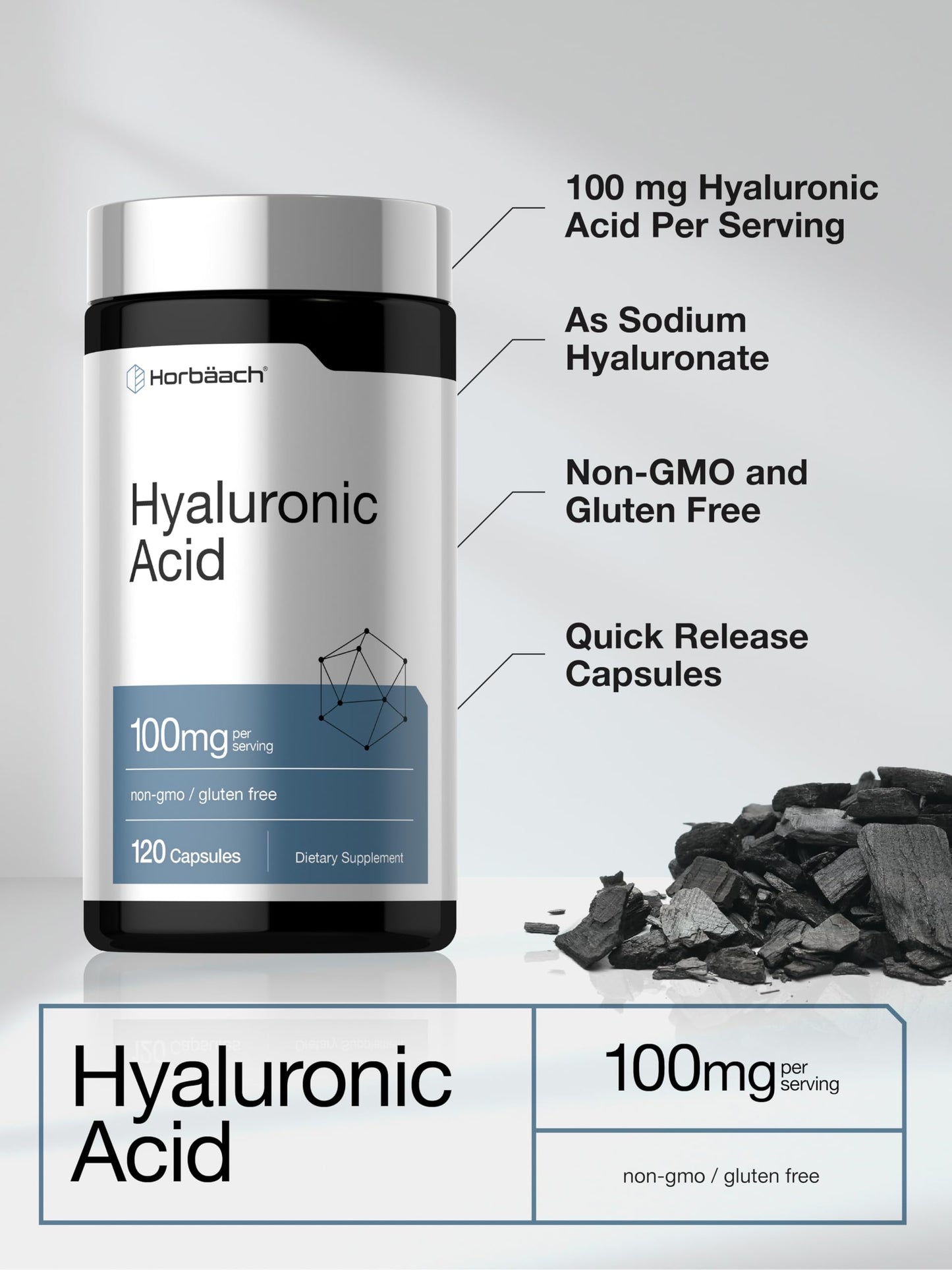 Horbäach Hyaluronic Acid Supplement 100mg Capsules, 120 Count