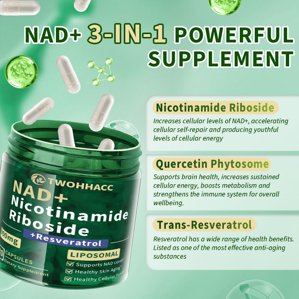 TWOHHACC NAD Nicotinamide Riboside Resveratrol 900mg Capsules 120 Count
