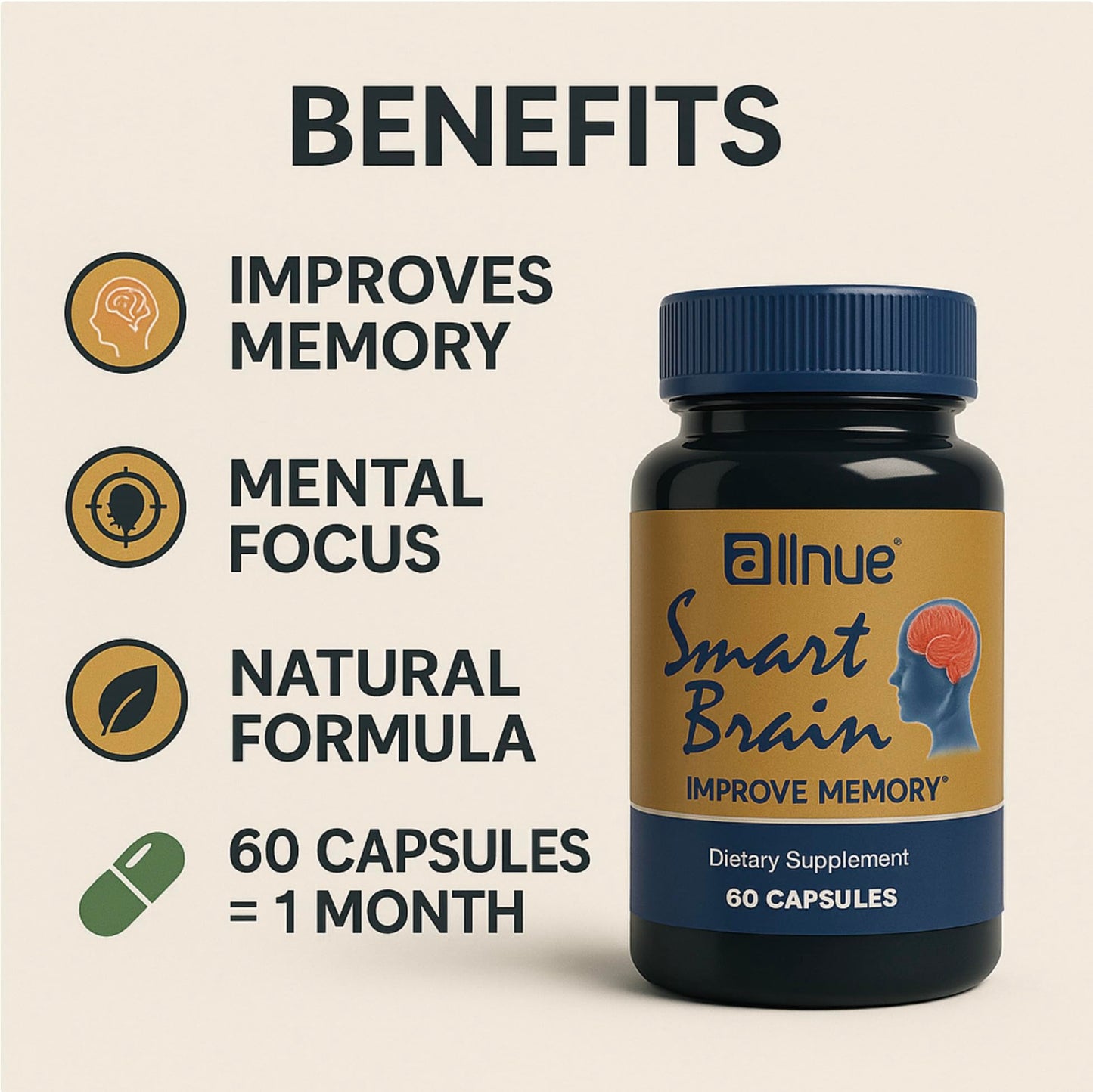 Generic Smart Brain Memory & Focus Supplement with Ginkgo Biloba, Bacopa, Vitamin B6 – Natural Formula, Caffeine-Free, 60 Capsules