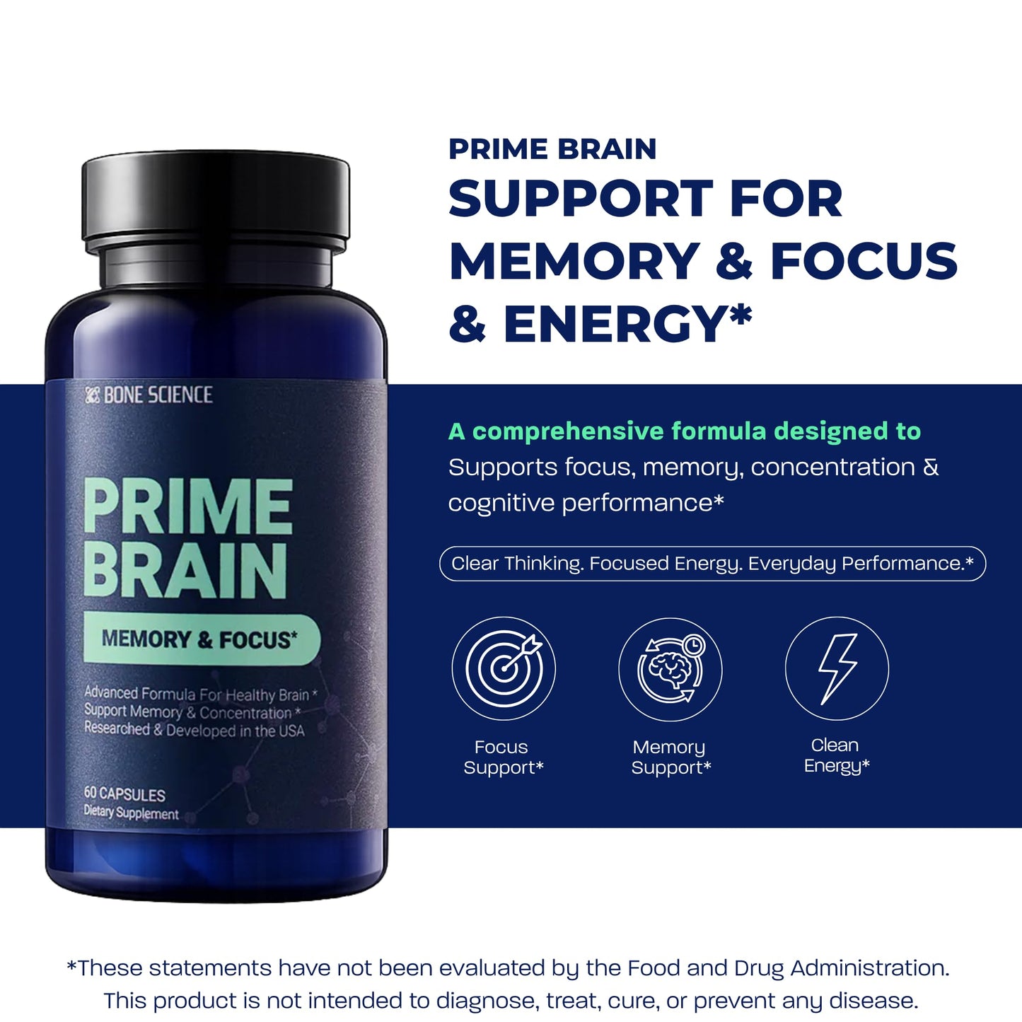 BONE SCIENCE Prime Brain Memory & Focus Support Supplement 60 Capsules
