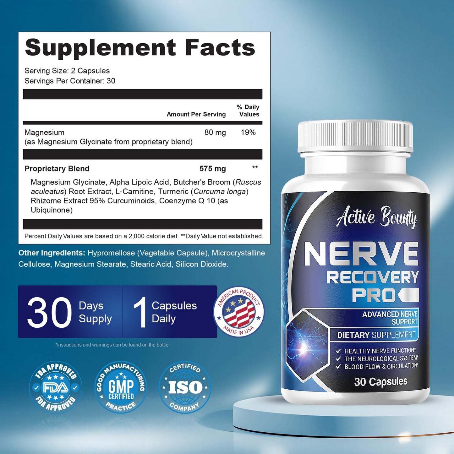 Active Bounty Nerve Recovery Pro Nerve Support Supplement with Alpha Lipoic Acid, Turmeric & Acetyl-L-Carnitine, 30 Capsules