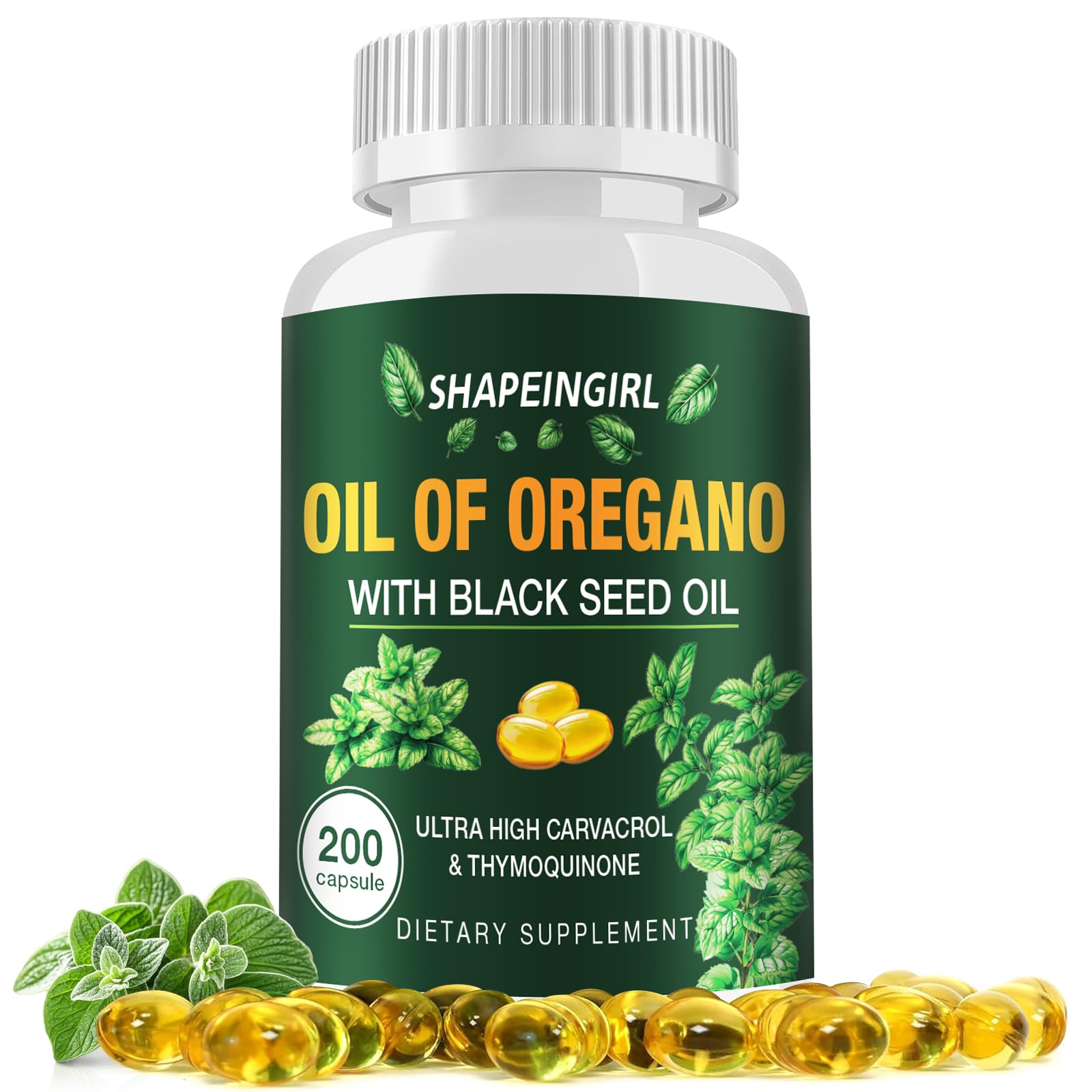 SHAPEINGIRL Oil of Oregano Capsules with Black Seed Oil - Organic Oregano Oil Supplement, 200 Count