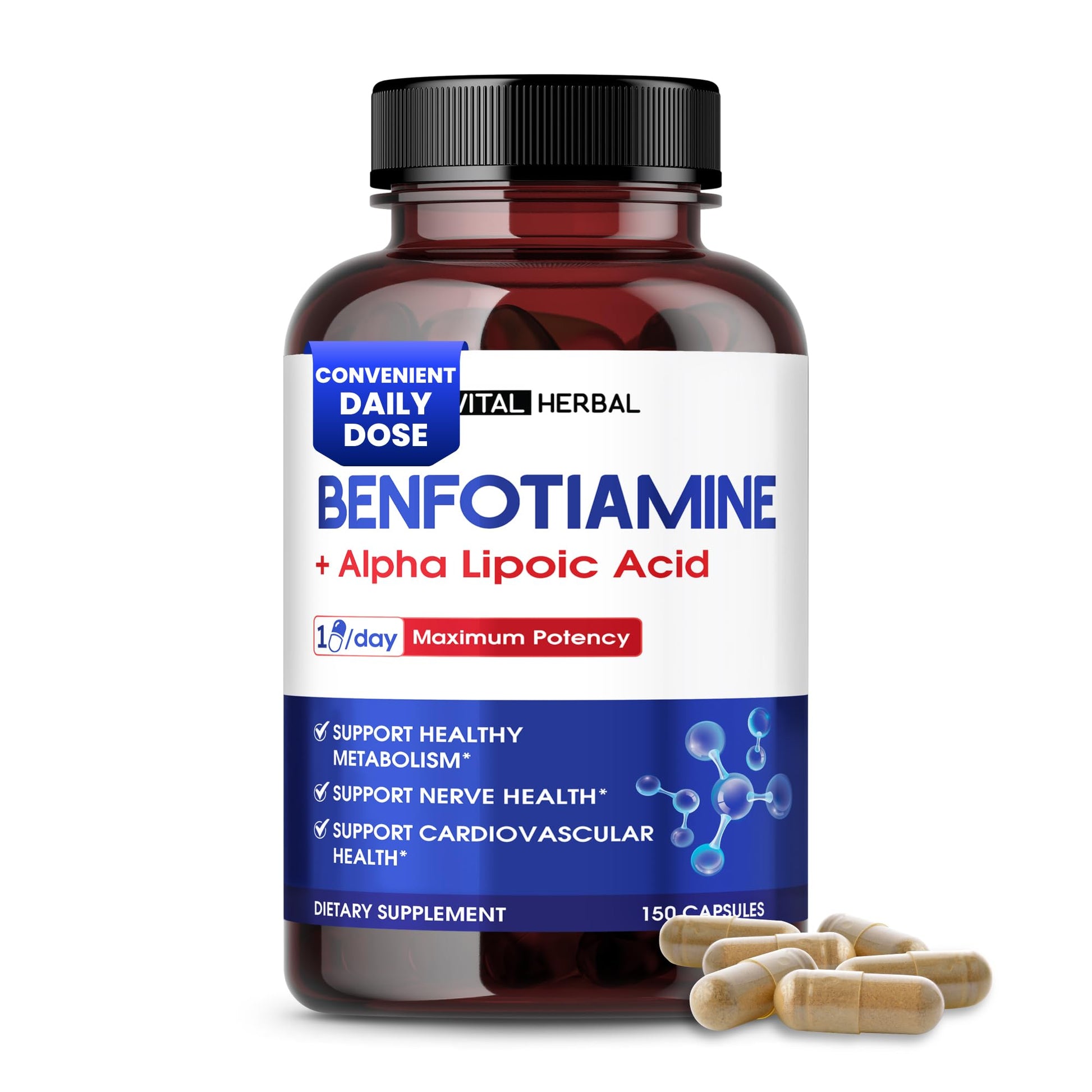 VITAL HERBAL Benfotiamine Supplement with Alpha Lipoic Acid, 150 Capsules