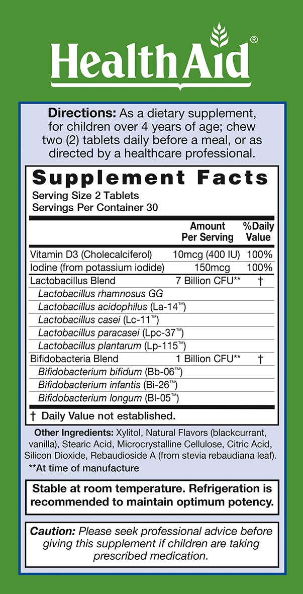 HealthAid FocusProbio Kidz 8 Billion CFU Probiotic for Kids – Vitamin D & Iodine – Chewable Tablets, Blackcurrant & Vanilla – Acid & Bile Resistant, Vegetarian – 60 Tablets