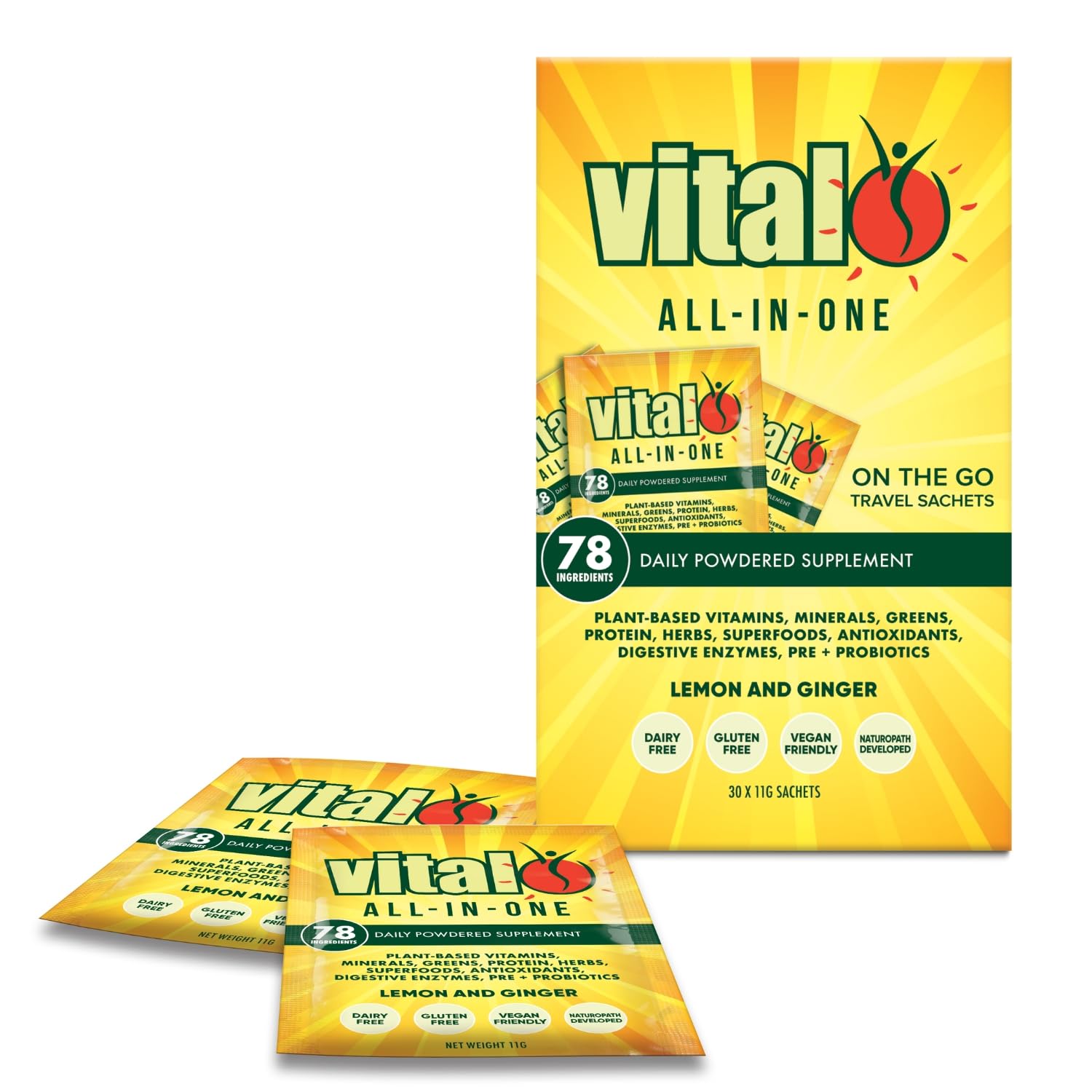 Vital All-in-One Daily Health Supplement Powder, Lemon Ginger, 10.5 oz, 30 Pack