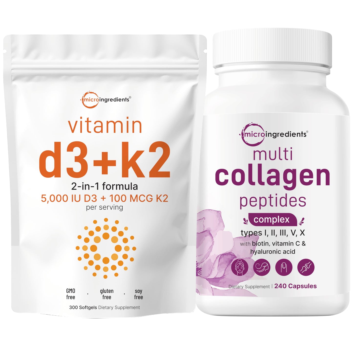 Micro Ingredients Vitamin D3 5000iu + K2 100mcg Softgels & Multi Collagen Complex Bundle, 540 Capsules