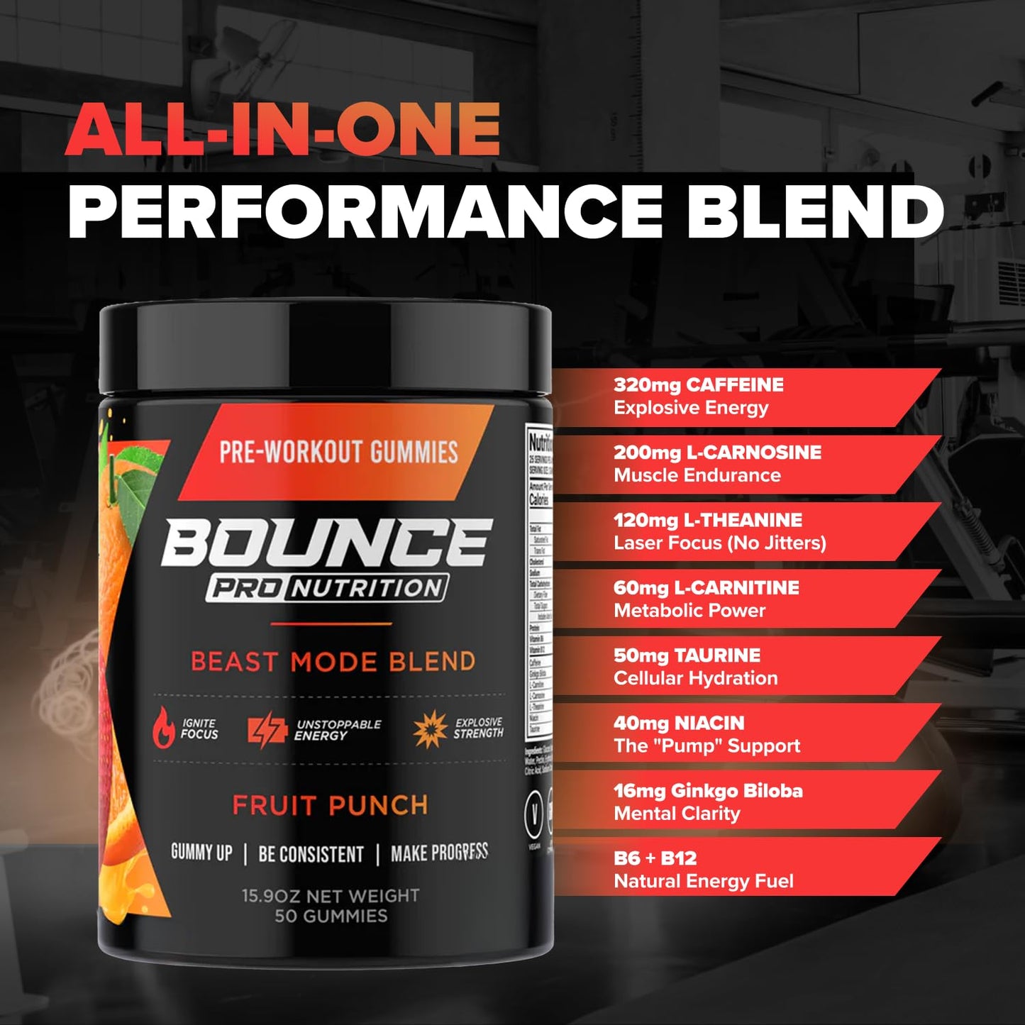 Bounce Pro Beast Mode Pre Workout Gummies, 50 Count