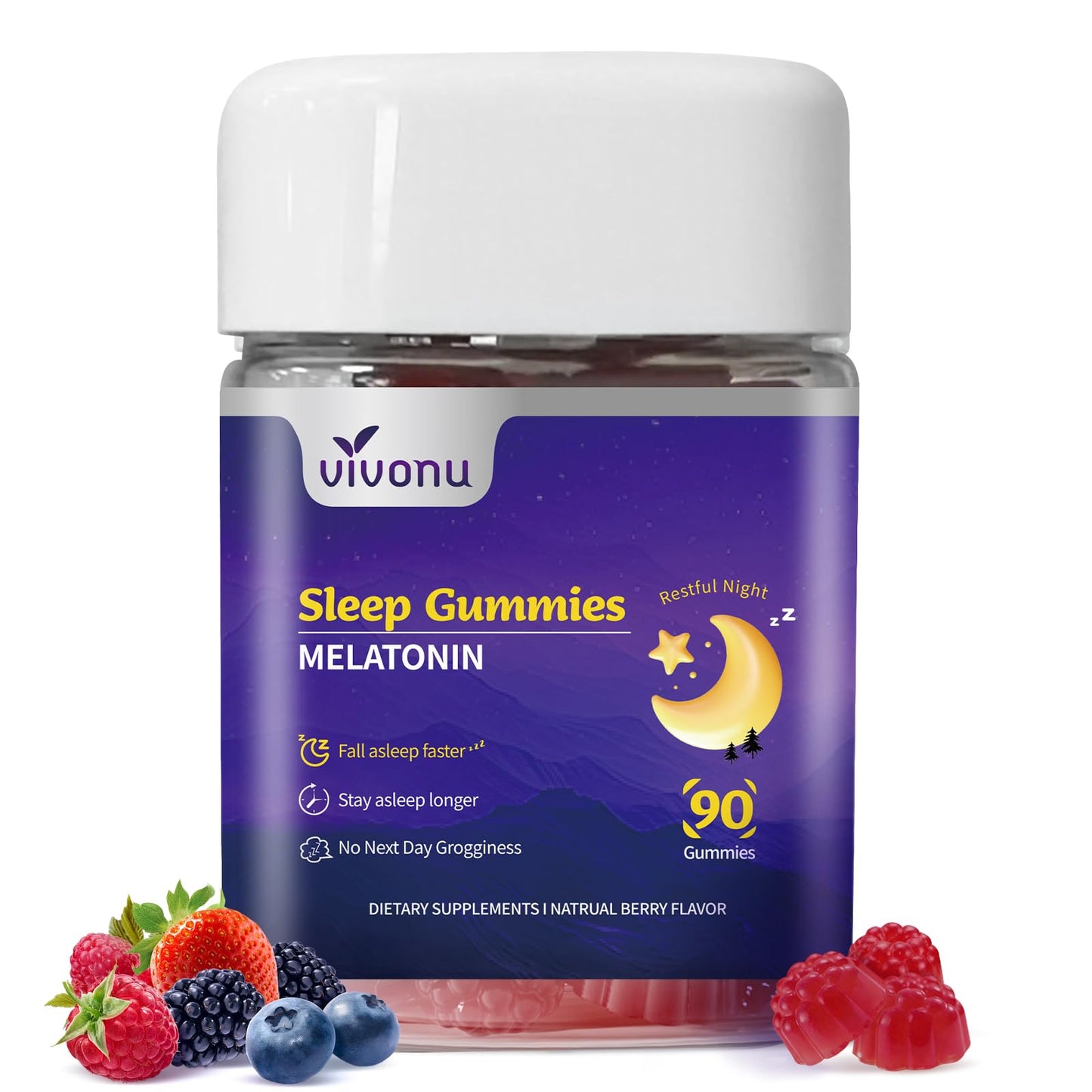 VivoNu 9-in-1 Melatonin Gummies 10mg Sleep Support with Magnesium Glycinate, Valerian Root, L-Theanine & Vitamin B6, 90 Gummies