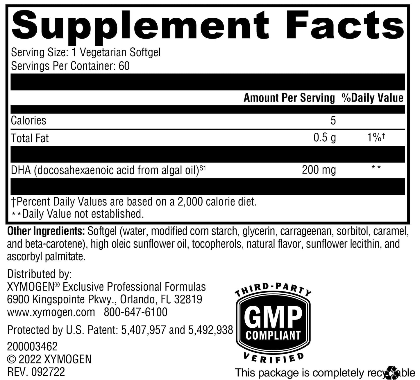 XYMOGEN DHA from Algae Softgels 60