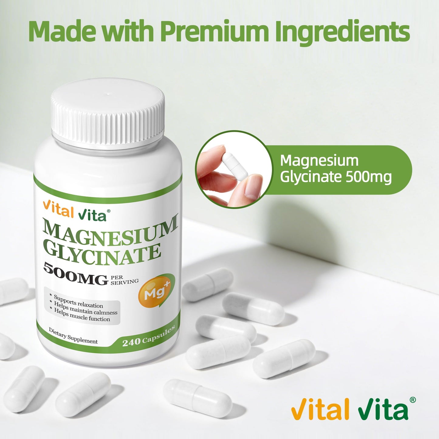 Vital Vita Magnesium Glycinate 500mg Capsule, 240 Count