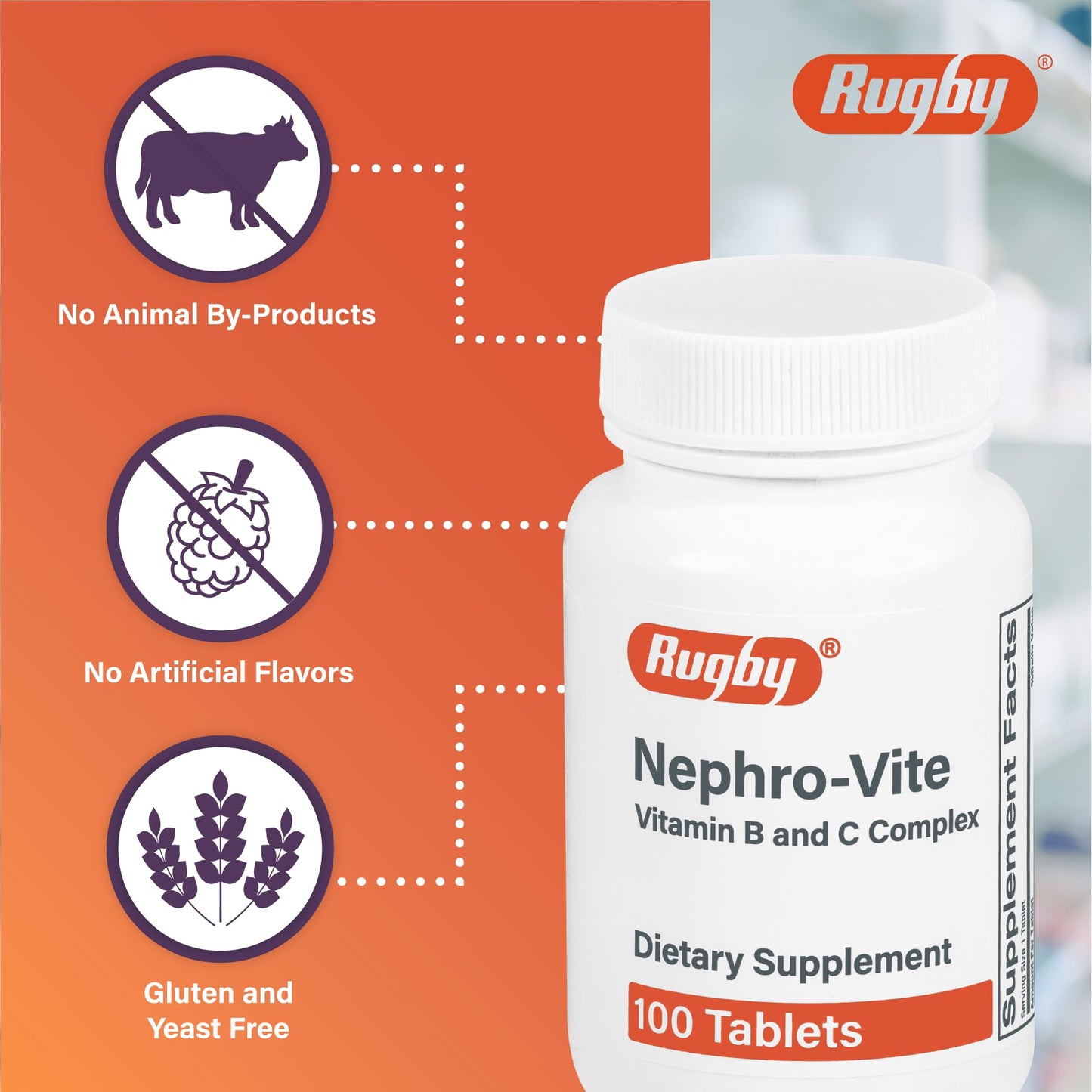 Rugby Laboratories Nephro-Vite Vitamin B and C Complex Tablets 100 Count