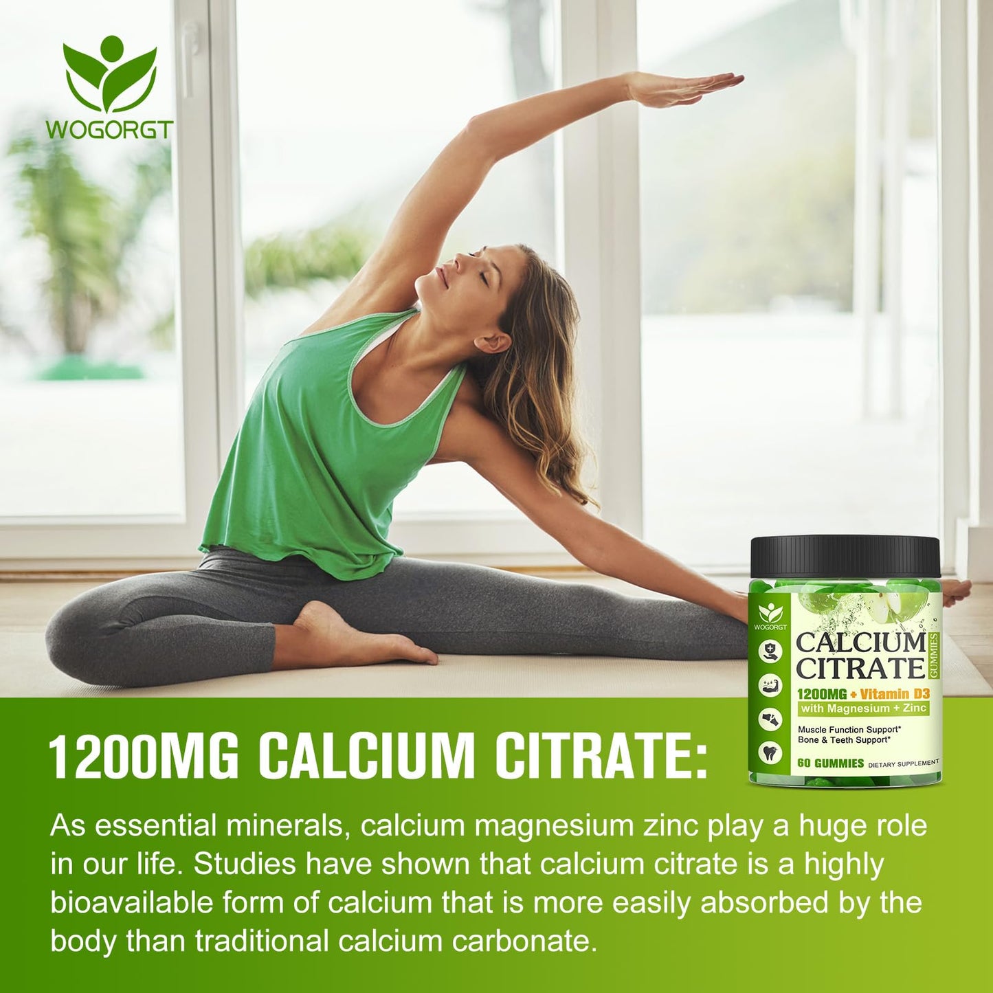 WOGORGT Calcium Citrate 1200mg with Vitamin D3 for Women, Bone, Teeth Support Gummy, 60 Count