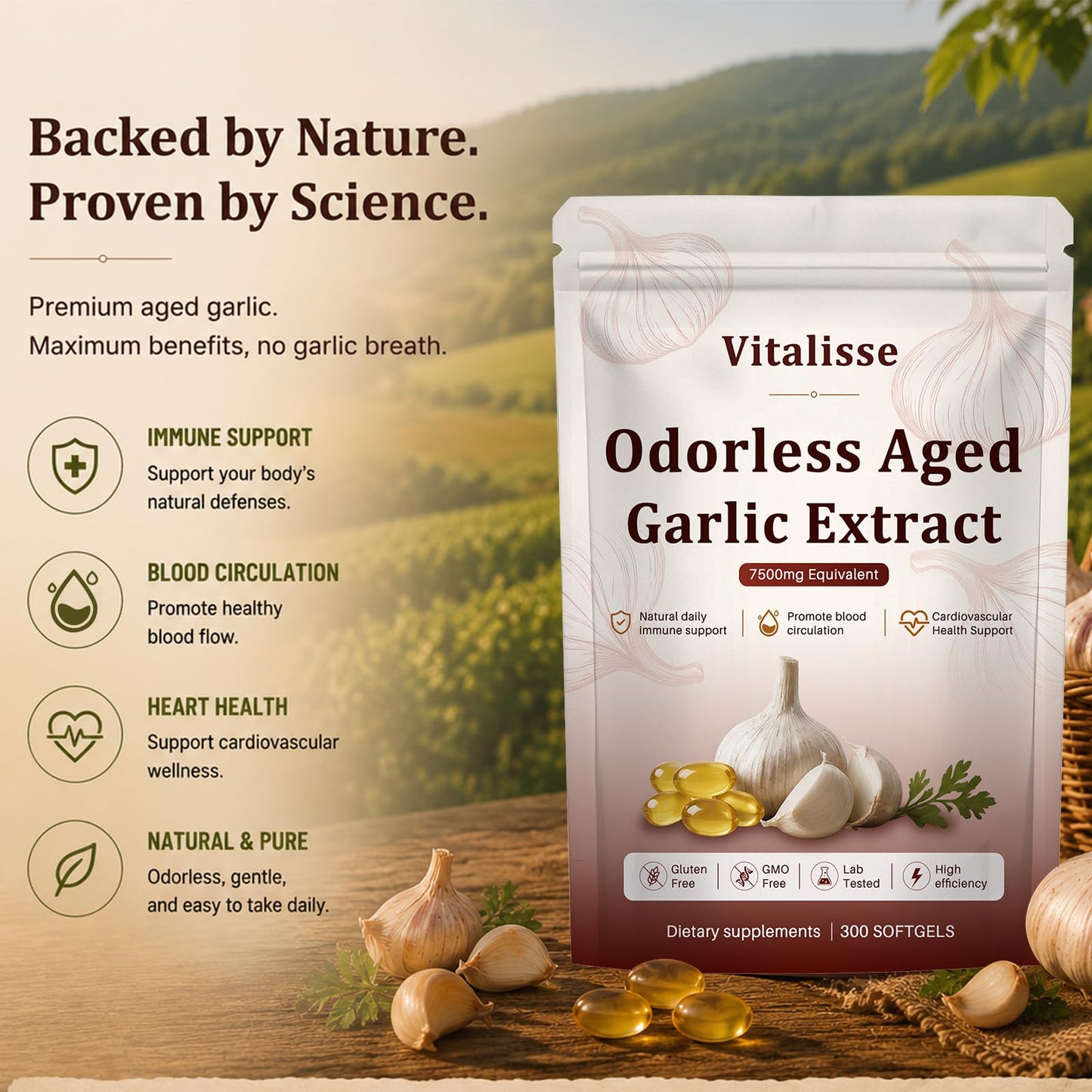 Vitalisse AJO Envejecido, 7500mg Odorless Organic Garlic Capsule, 1 Count