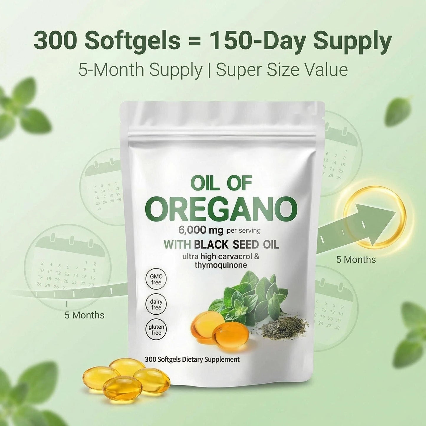 Biduka Oil of Oregano 6000mg with Black Seed Oil Softgels, 300 Count