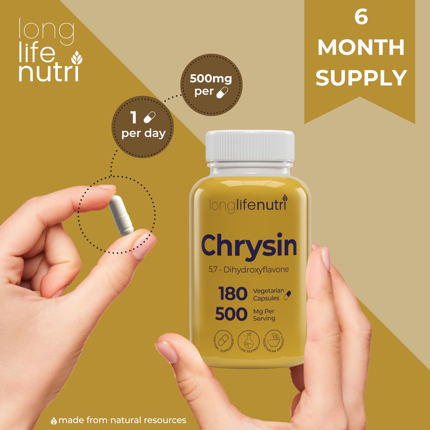 LongLifeNutri Chrysin 500mg Capsules, 180 Count