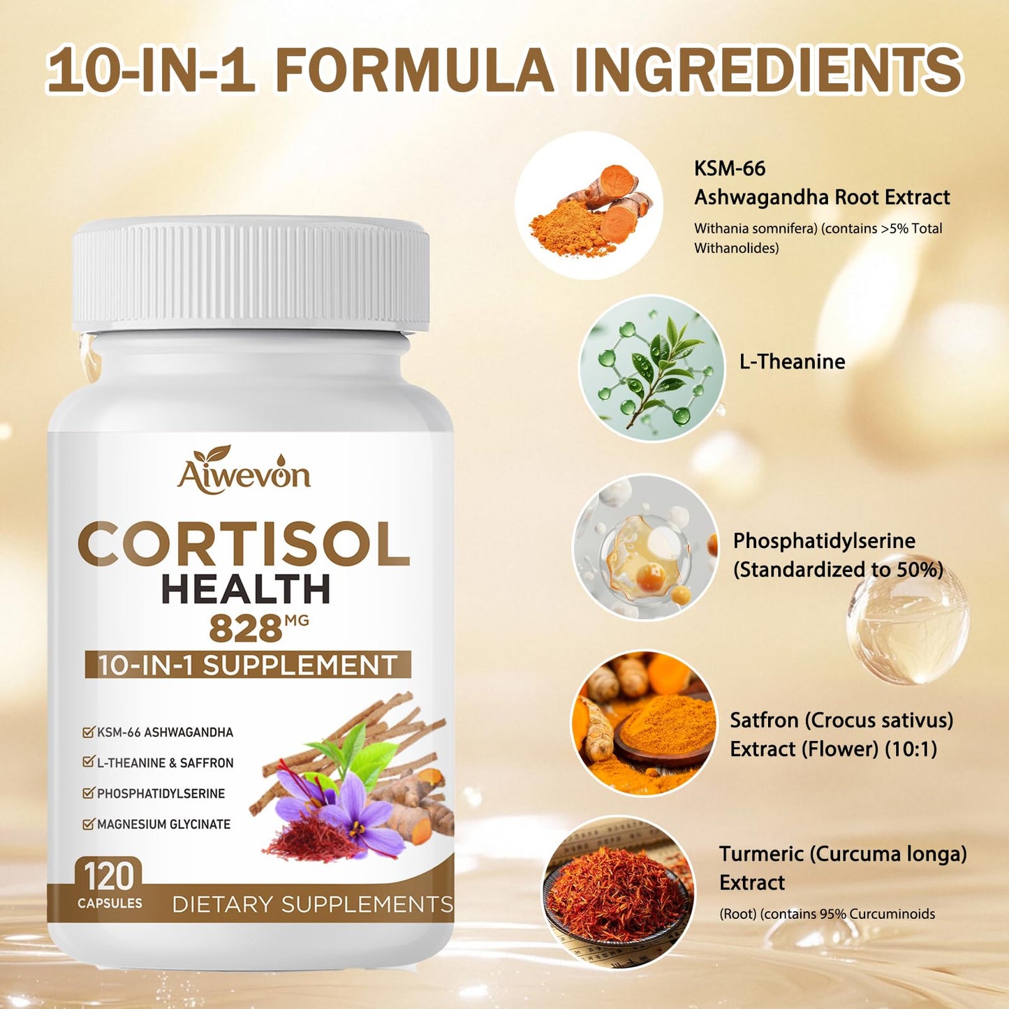 Aiwevon Cortisol Support Supplement with Ashwagandha KSM-66, L-Theanine, Magnesium Glycinate Gummies, 60 Count